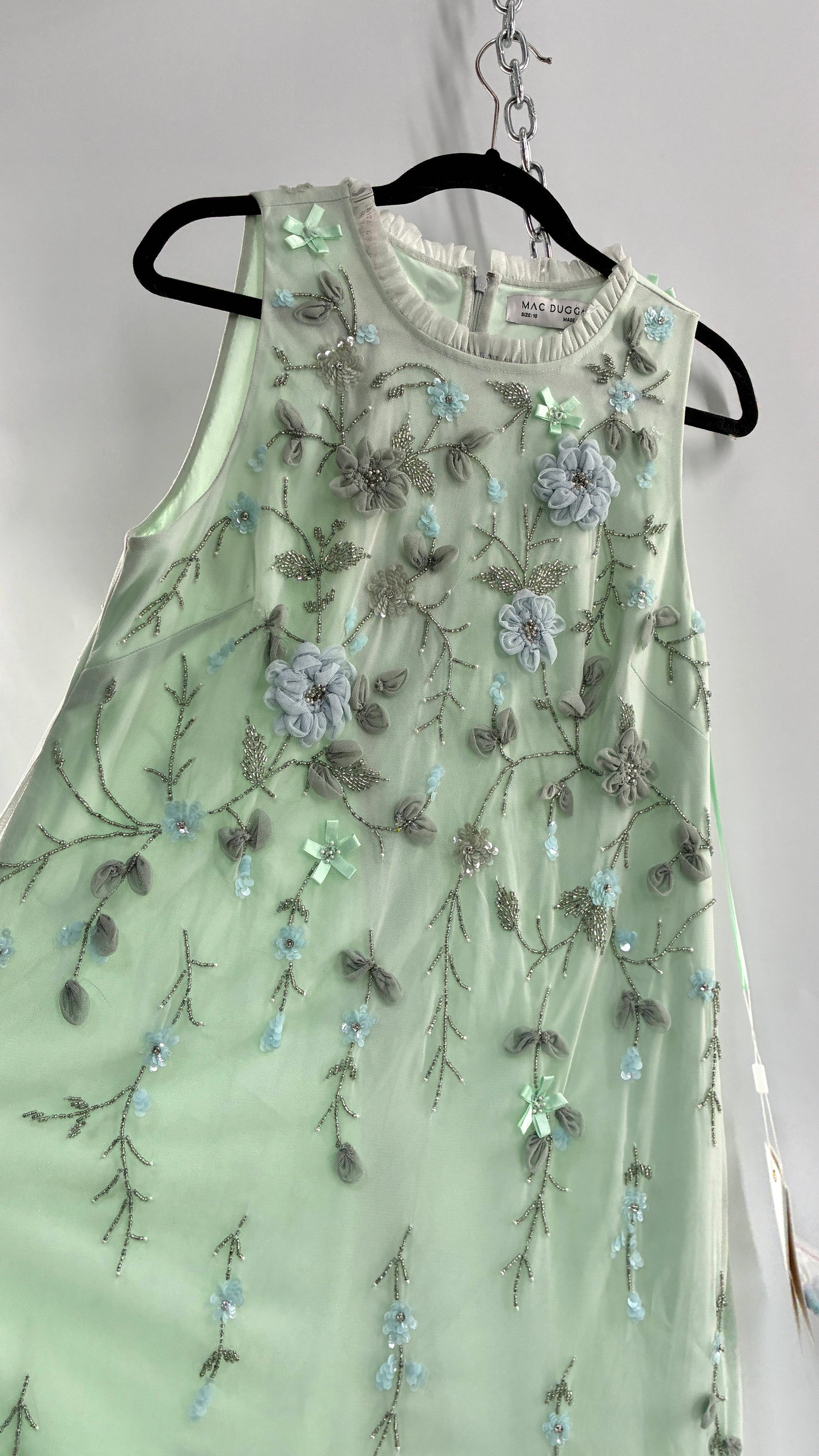 MAC DUGGAL Green Embellished Ruffle Tiered High Neck Floral Dress (10)