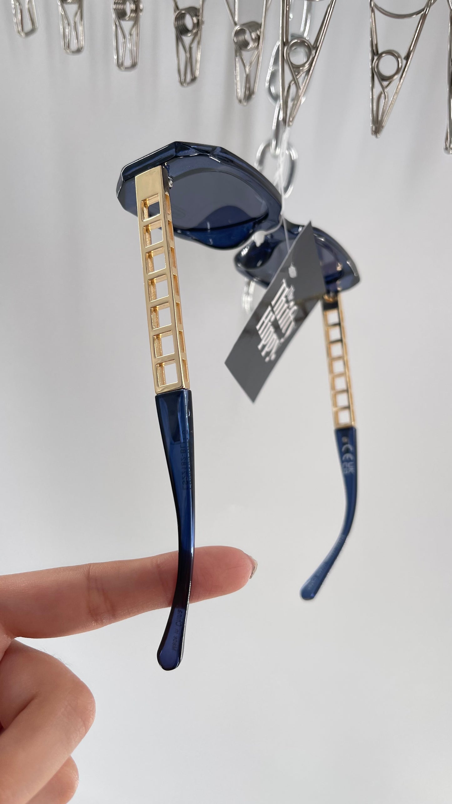Navy Blue Rectangle Sunglasses with Gold Chain