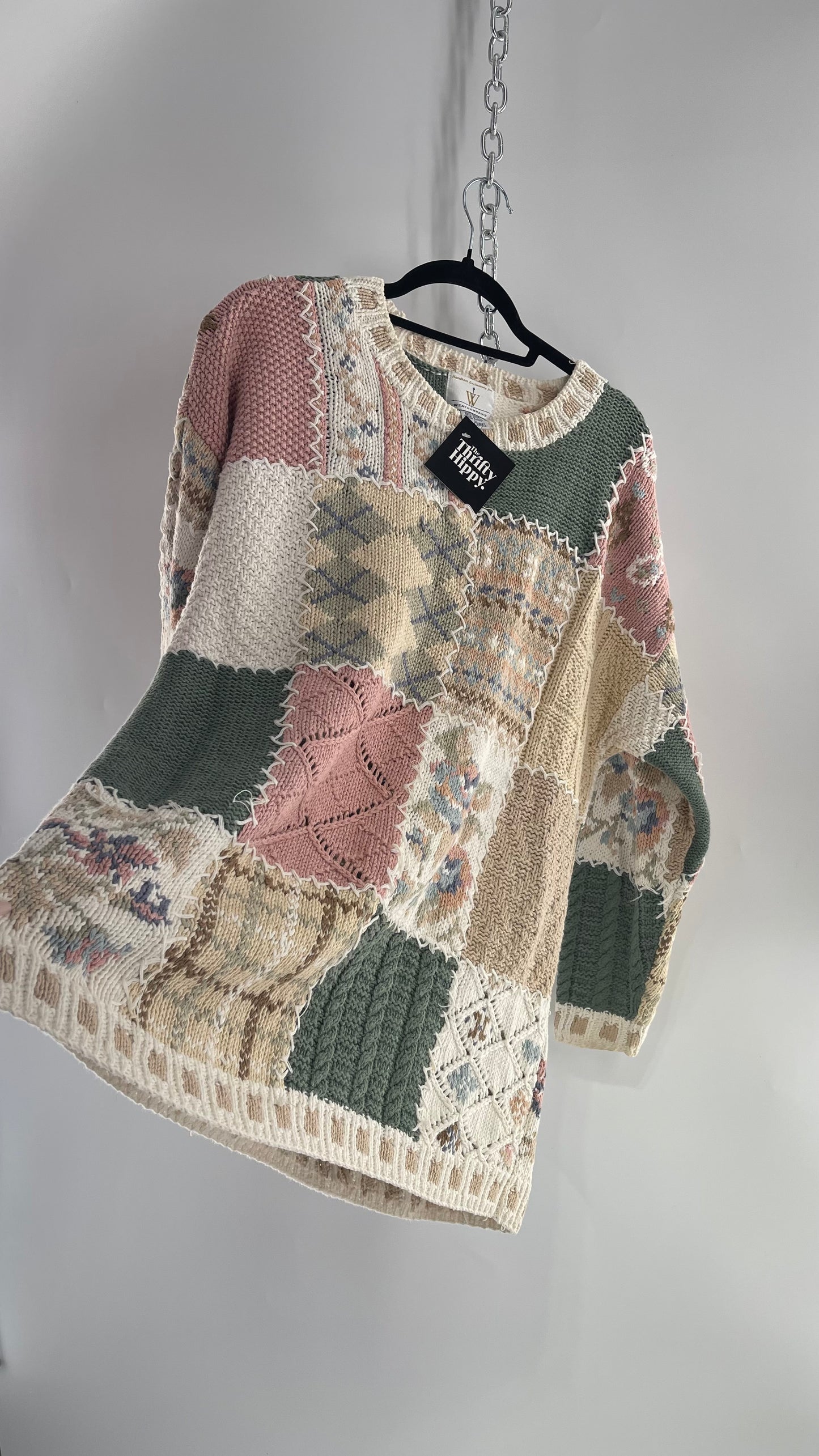 Vintage WEATHERVANE Rare Heavy Hand Knit Patchwork Sweater (Large) (55% Ramie 45% Cotton)