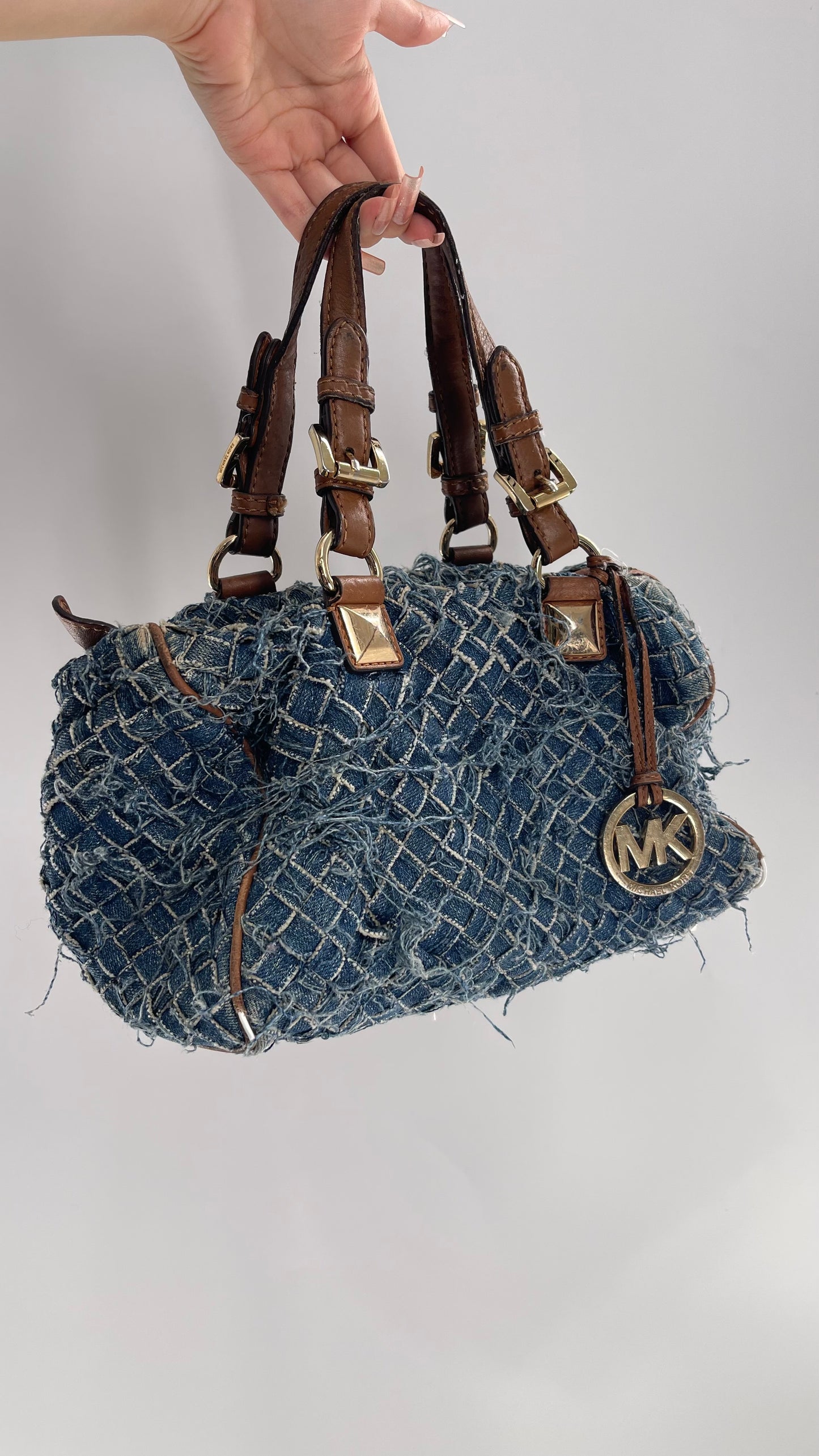 Vintage Michael Kors Woven Distressed Denim Bag with Leather Straps and Gold Hardware