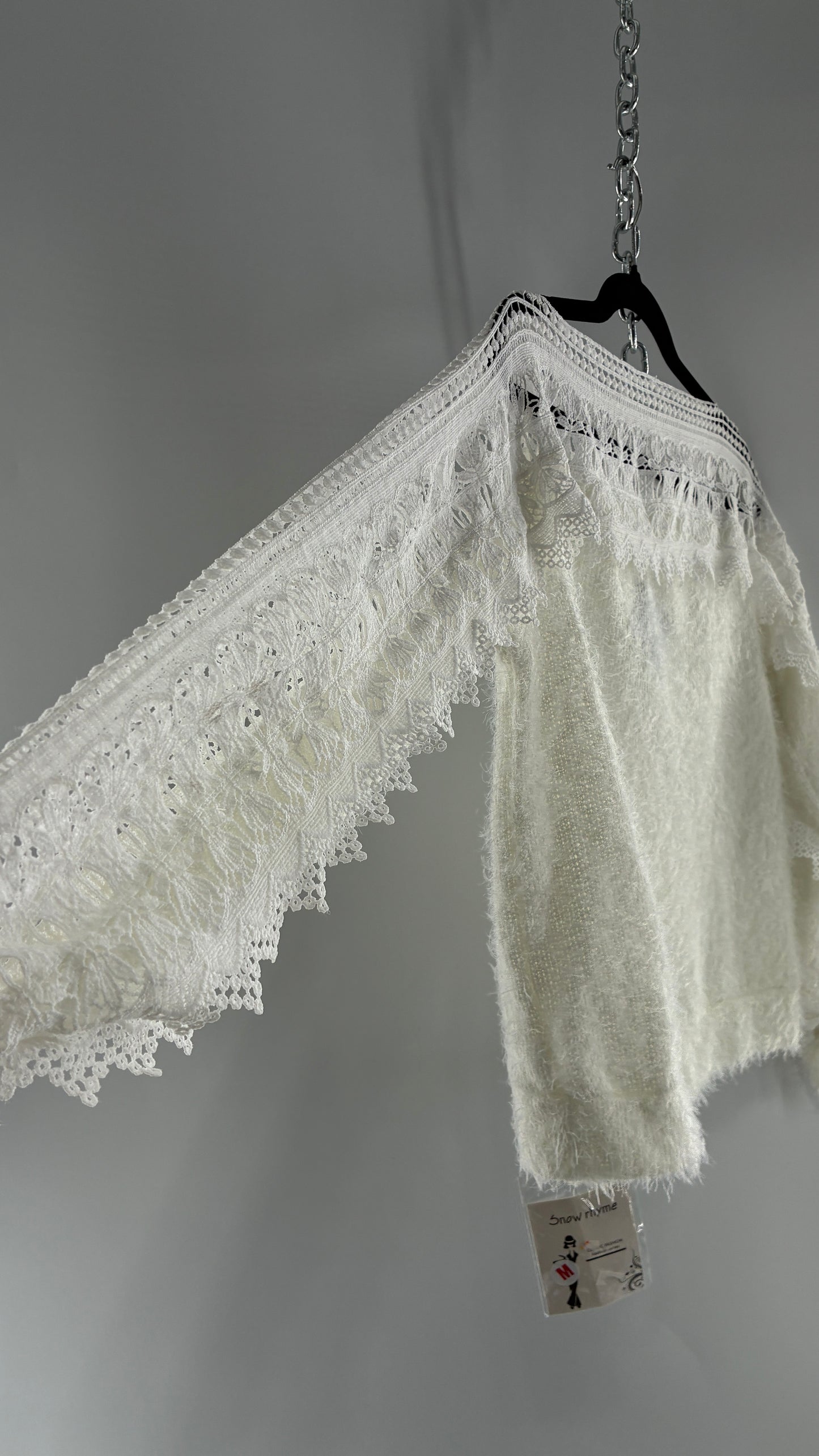 Deadstock White Shaggy Sweater with Thick Scalloped Lace Neckline + Arm Detail and Tags Attached (Medium)
