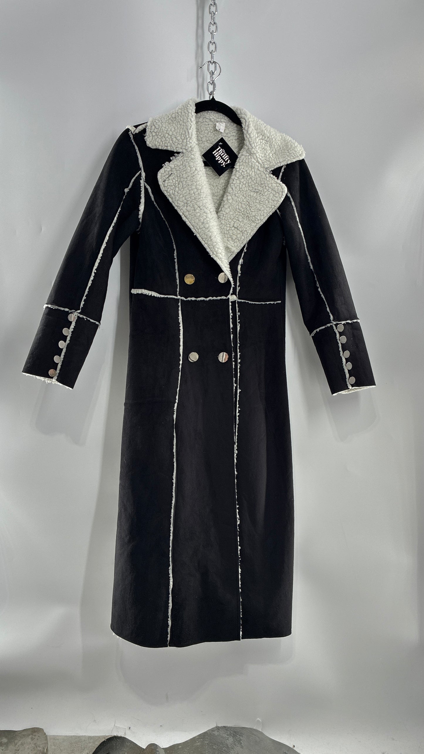 Vintage Black Vegan Suede Coat with Sherpa Lining (Medium)