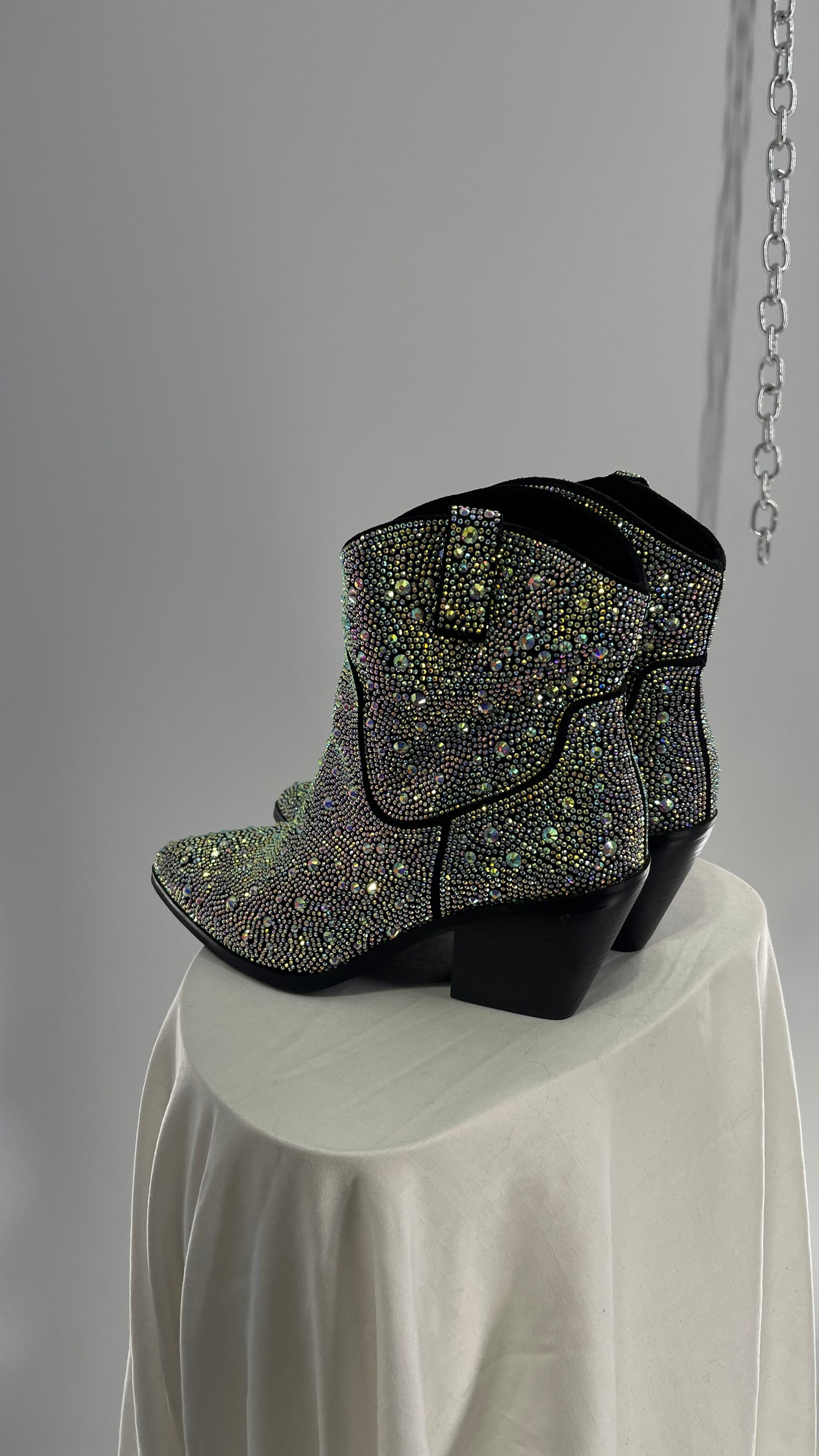 Black Iridescent All Over Rhinestone Cowboy Boots