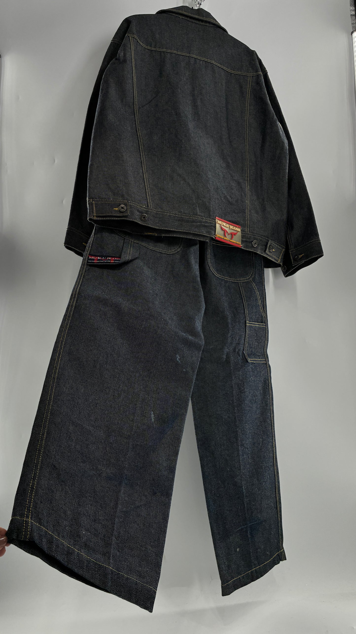 Vintage 1990s MU:KA: JEANS Men’s Dark Wash Japanese Style Denim Baggy Straight Legs and Oversized Jacket Set (L, 32x32)