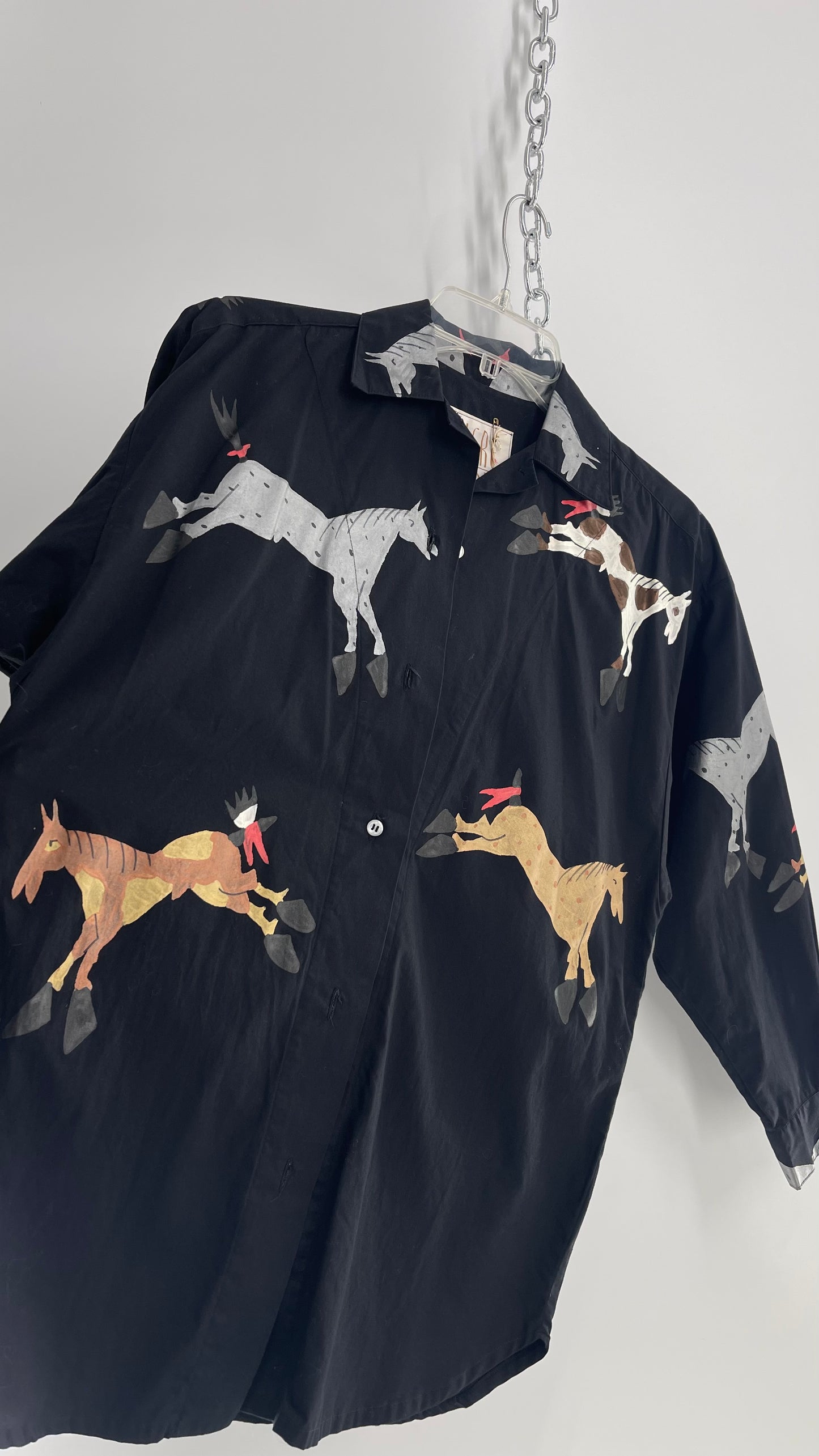 WHERE ITAT Black Button Up with Hand Painted Horses 100% Pima Cotton with Tags Attached (Small)