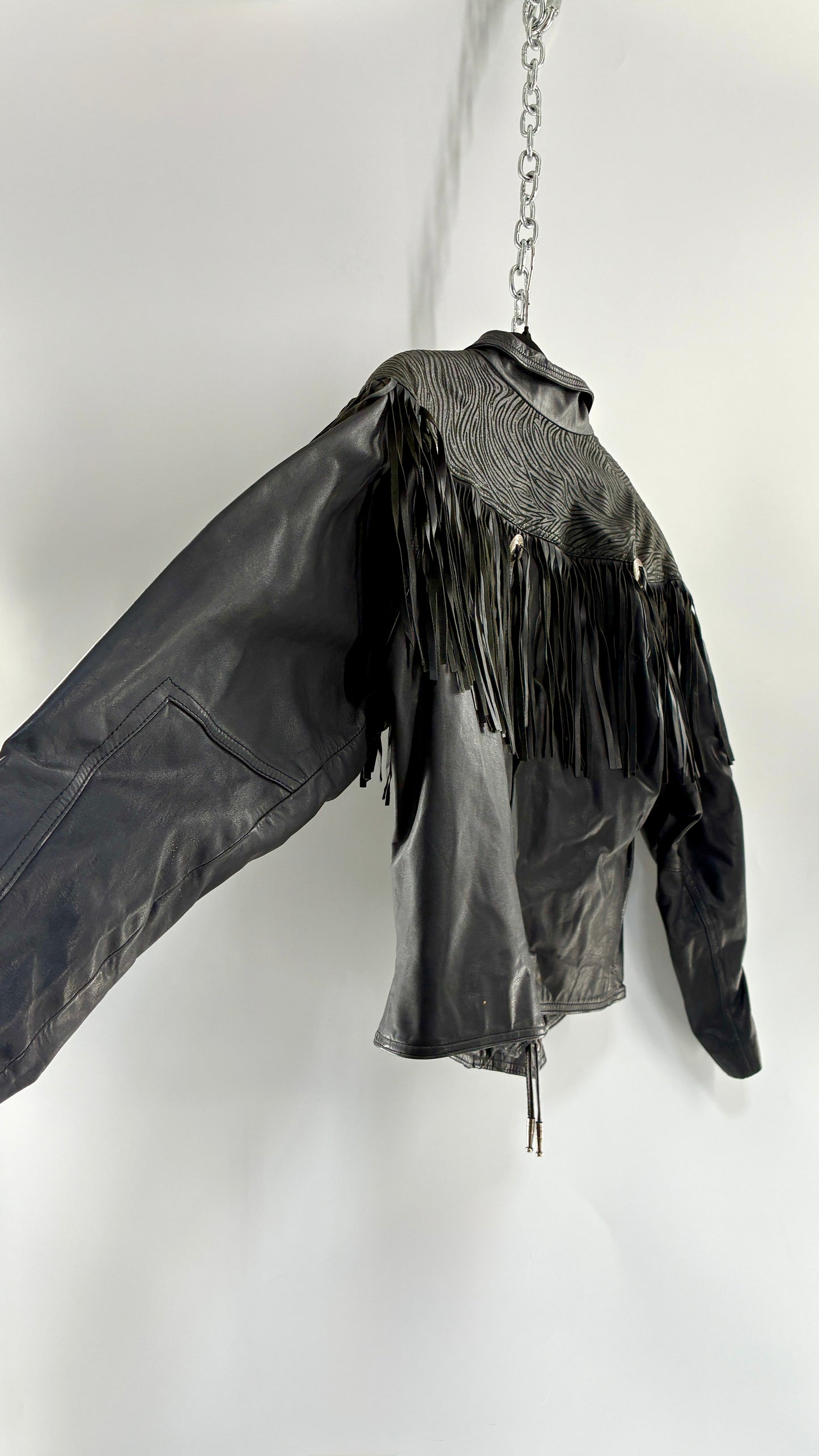 Vintage BERMAN’S Black Genuine Leather Fringe Motorcycle Jacket with Tie Up Cuffs (Large)