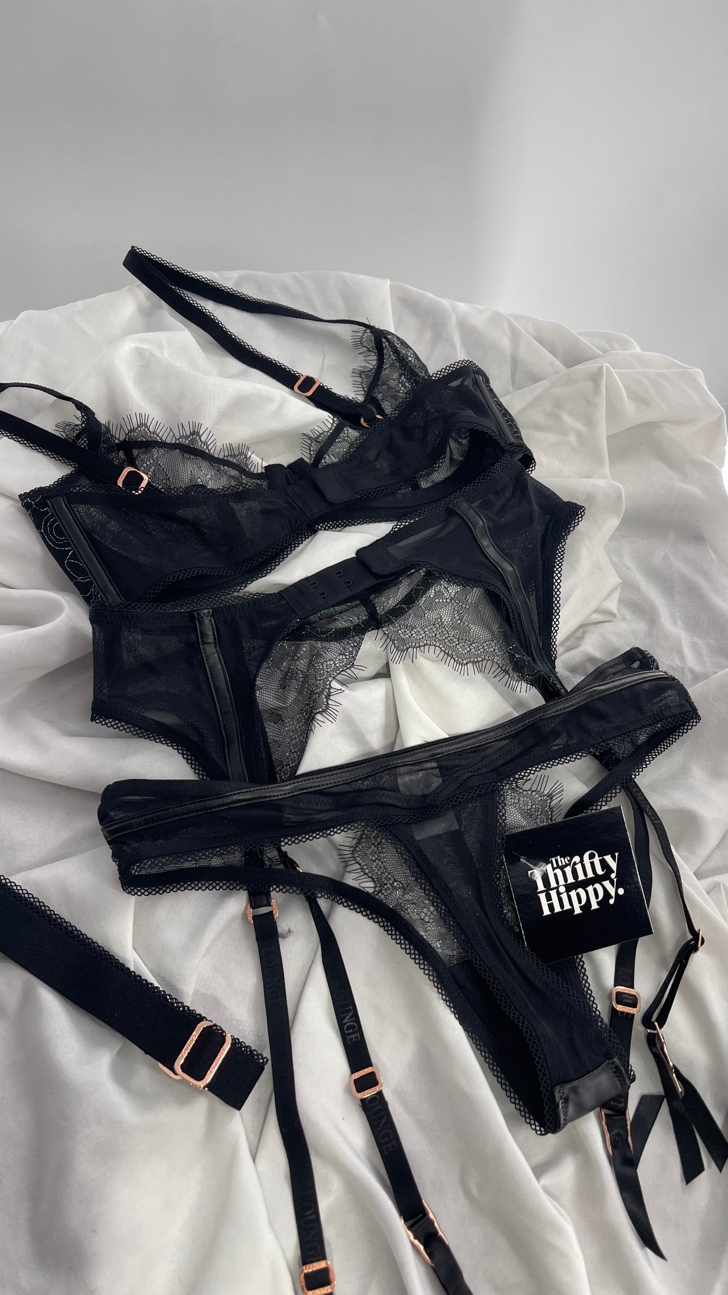 LOUNGE Black and Silver Lace Pandora Bra, Garter, and Panty Set NWOT (32C,XS)