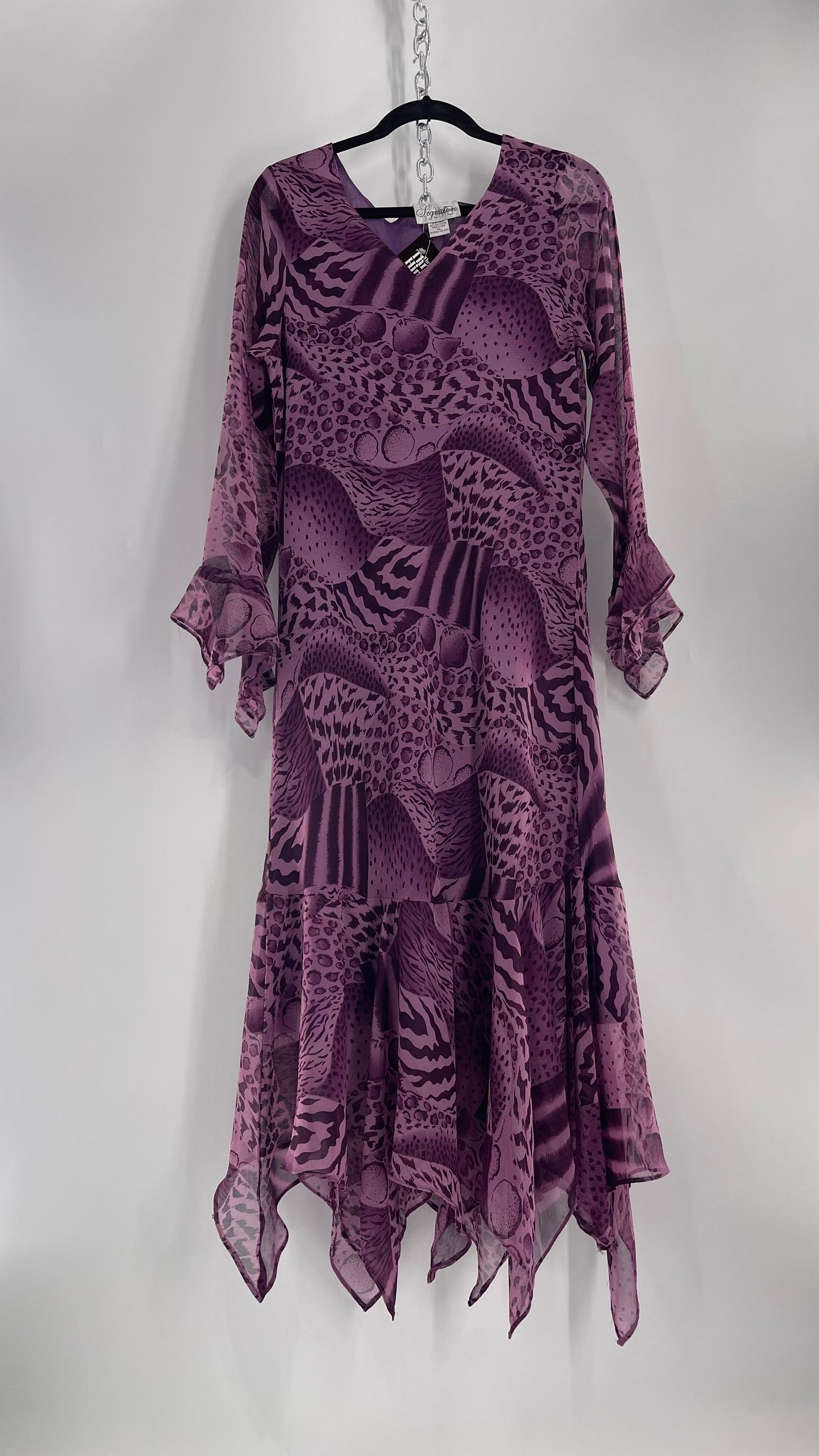 Vintage Signature JMB Suga Plum Fairy, Purple Maxi with Animal Print, Handkerchief Hem and Sleeves (XL)