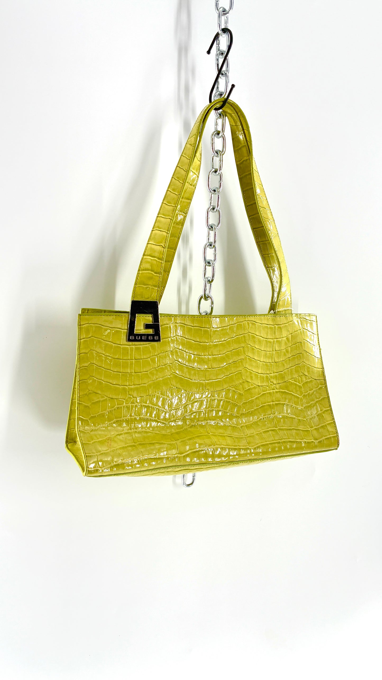 Vintage 1990s GUESS Lime Green Shoulder Purse with Metal Logo Buckle