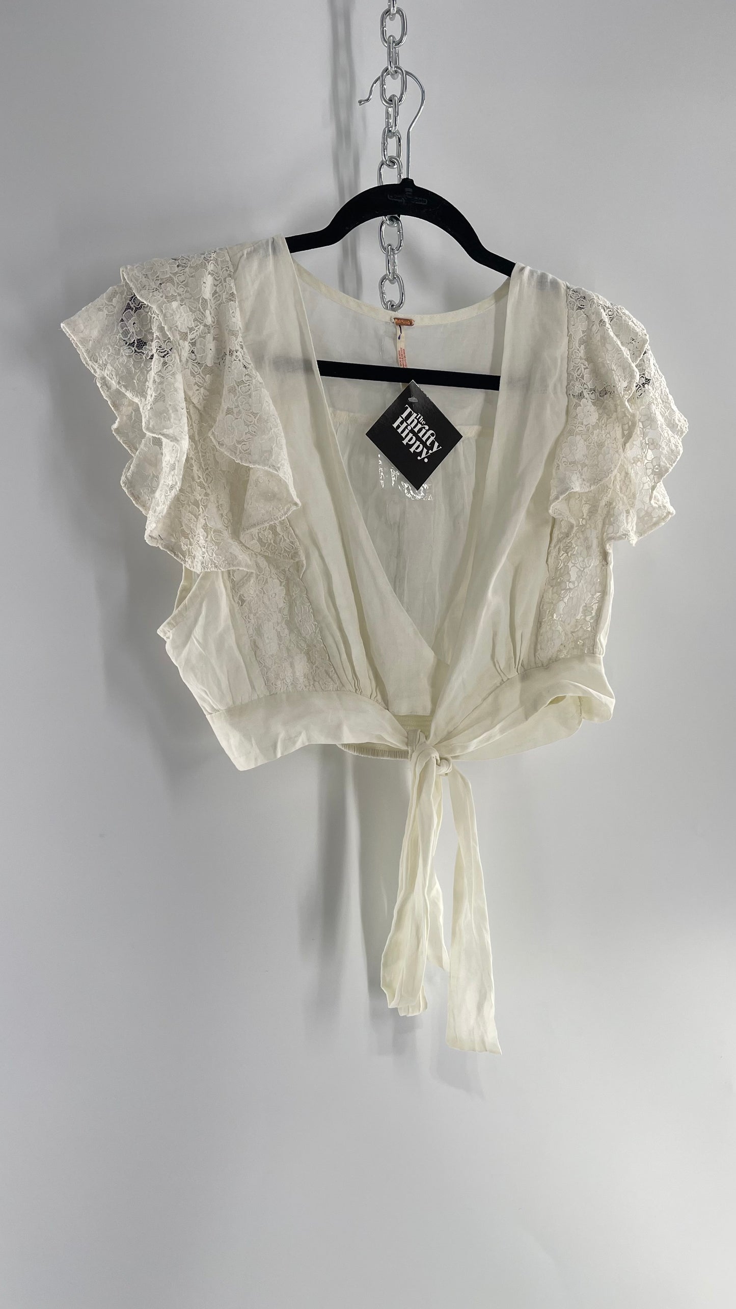 Free People White Cotton Cropped Wrap Around Blouse with Lace Details (L)