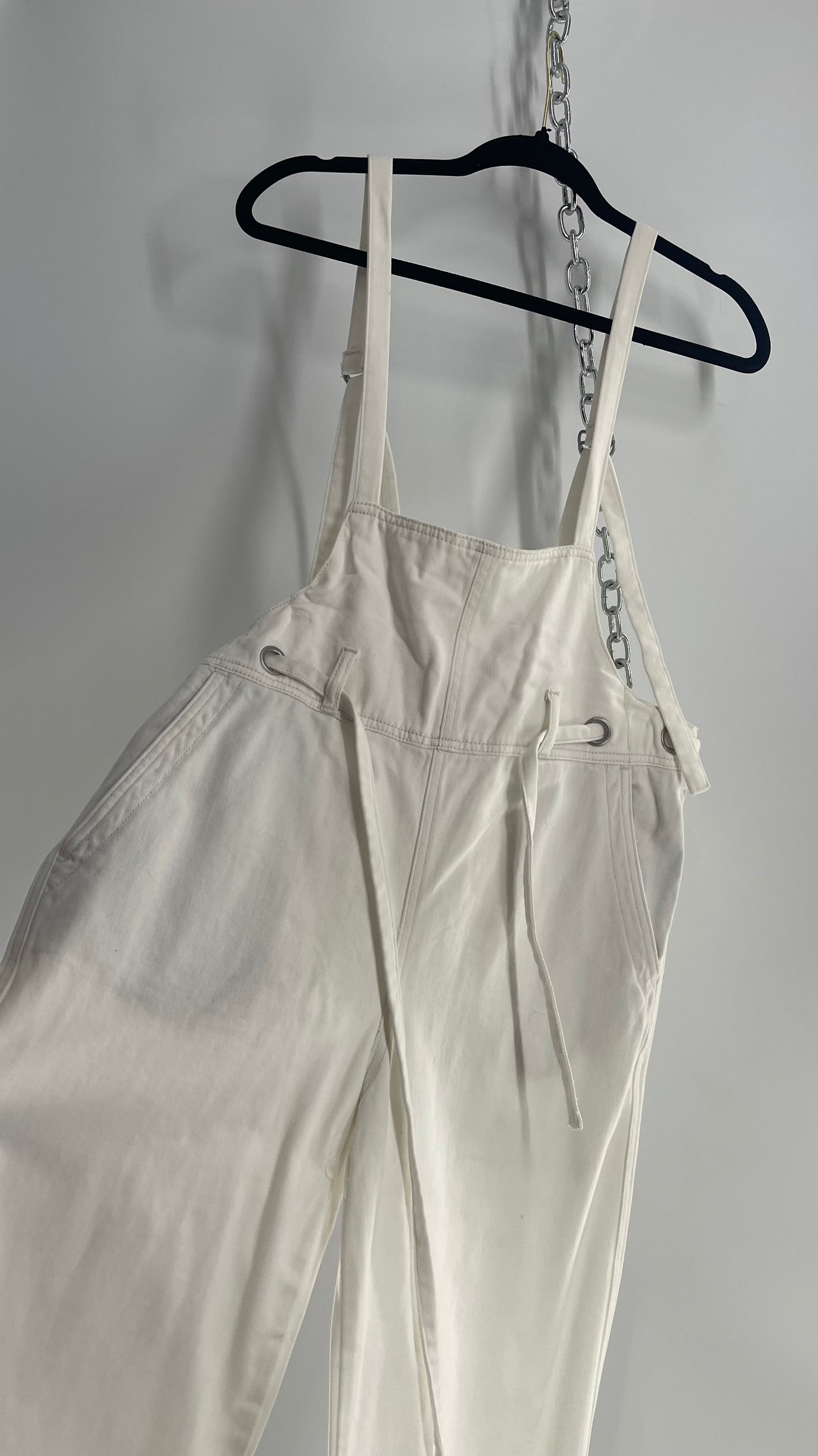 Free People White Denim Jumpsuit with Low Front and Open Back (Small)