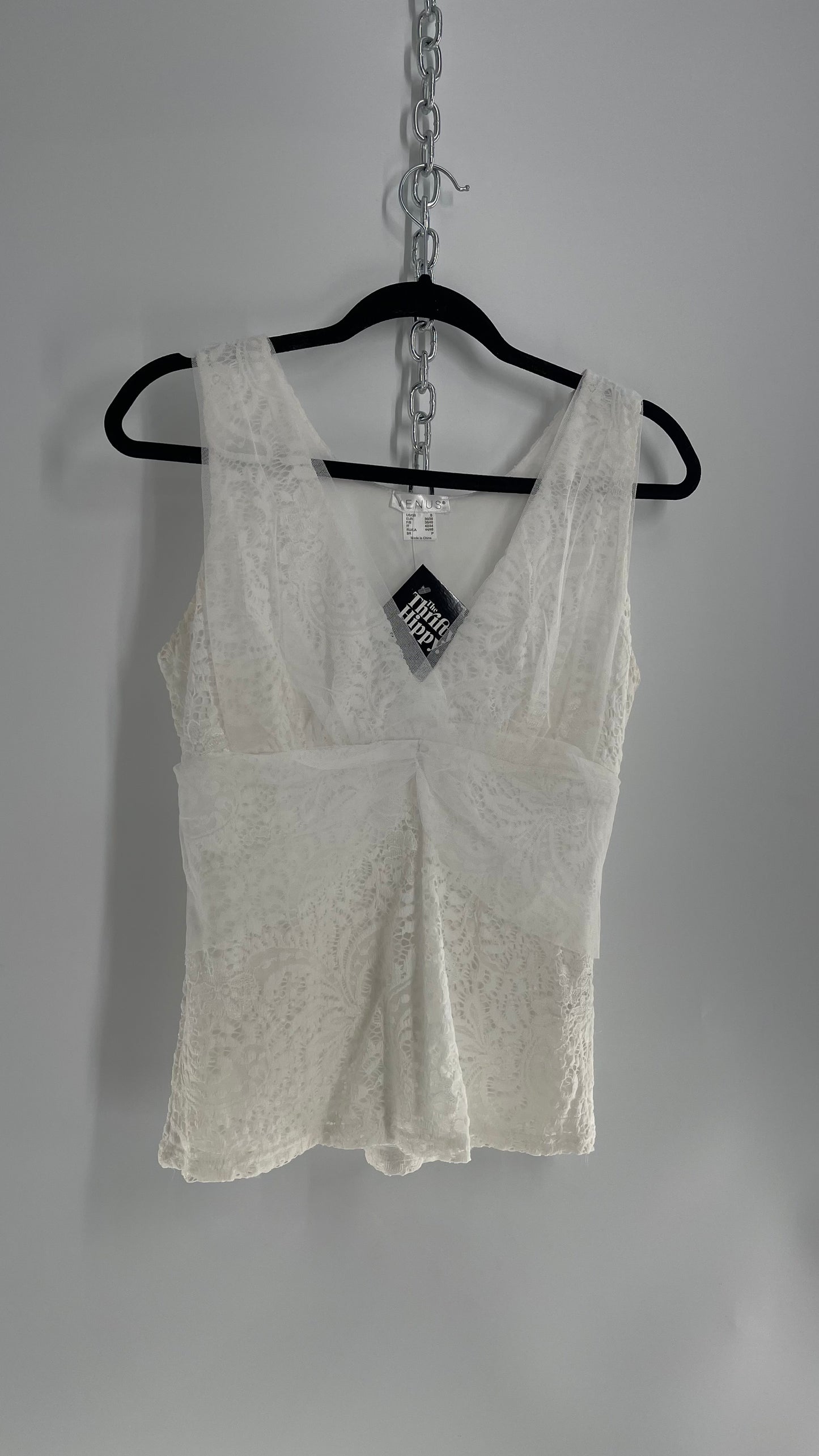 Vintage 1990s VENUS White Lace Ruched Bust Tank (Small)