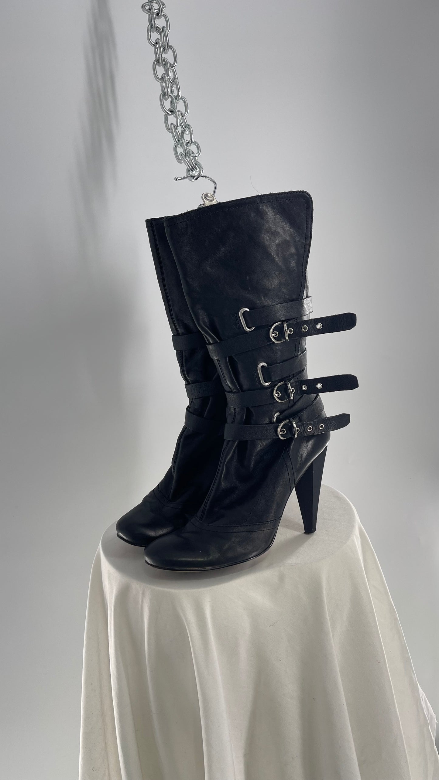 Vintage Black Leather Round Toe Knee High Boot Heel with Multiple Strap/Buckle Details (8.5)