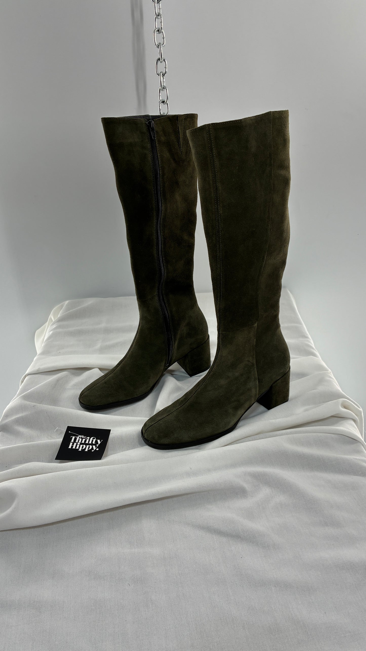 Vintage ERIC MICHAEL Olive Green Suede Boots Square Toe Knee High Boots (36)