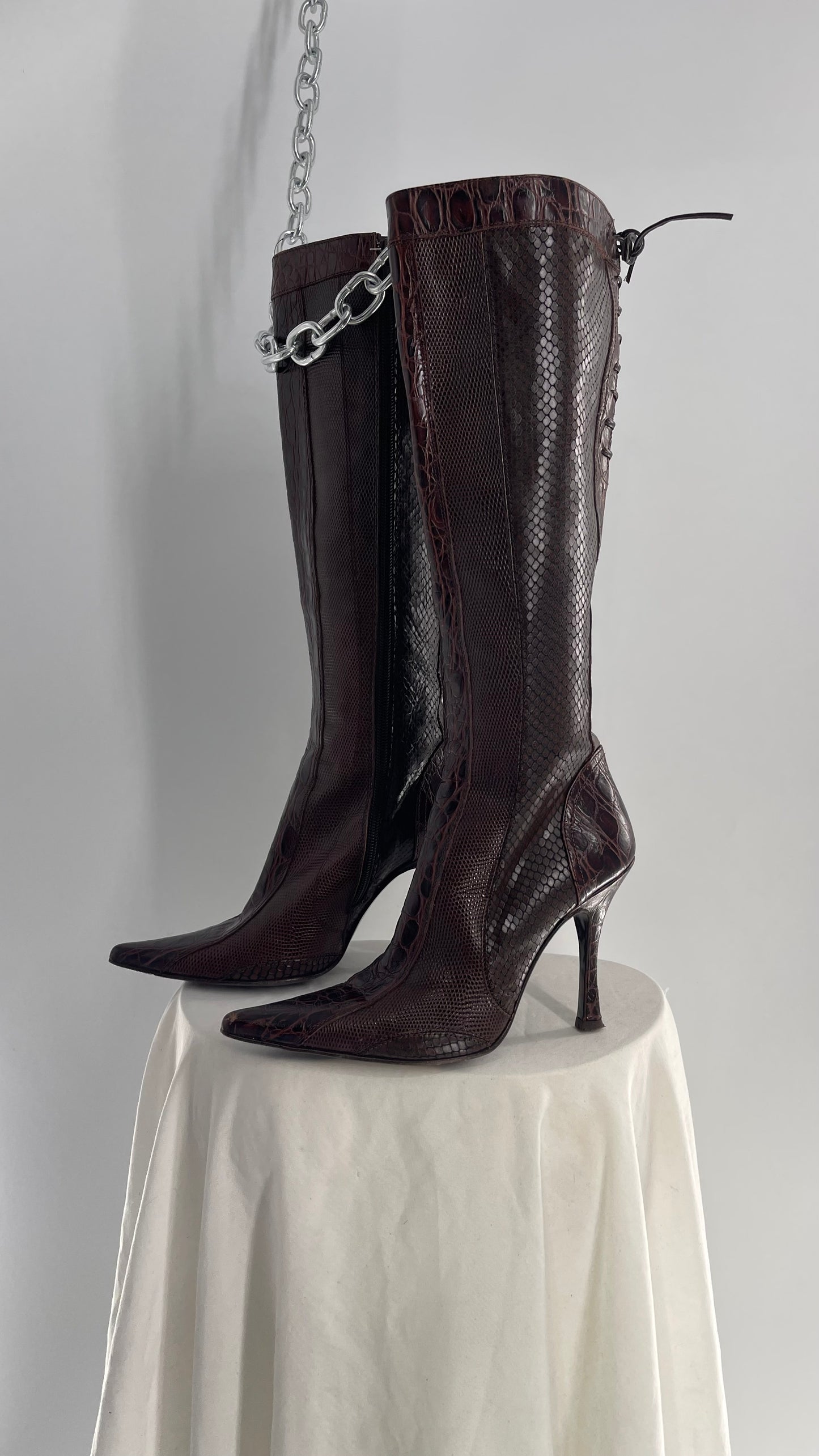 VINTAGE Charles David Paneled Leather Pointed Toe Knee High Boots (6)