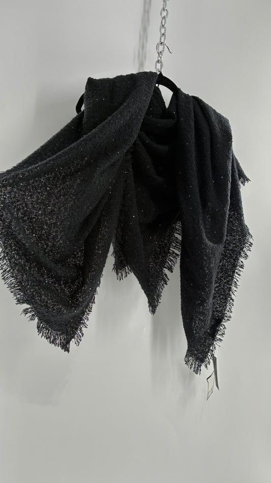 Vintage Marcus Adler Black Fringed Scarf with Iridescent Sequins and Tags