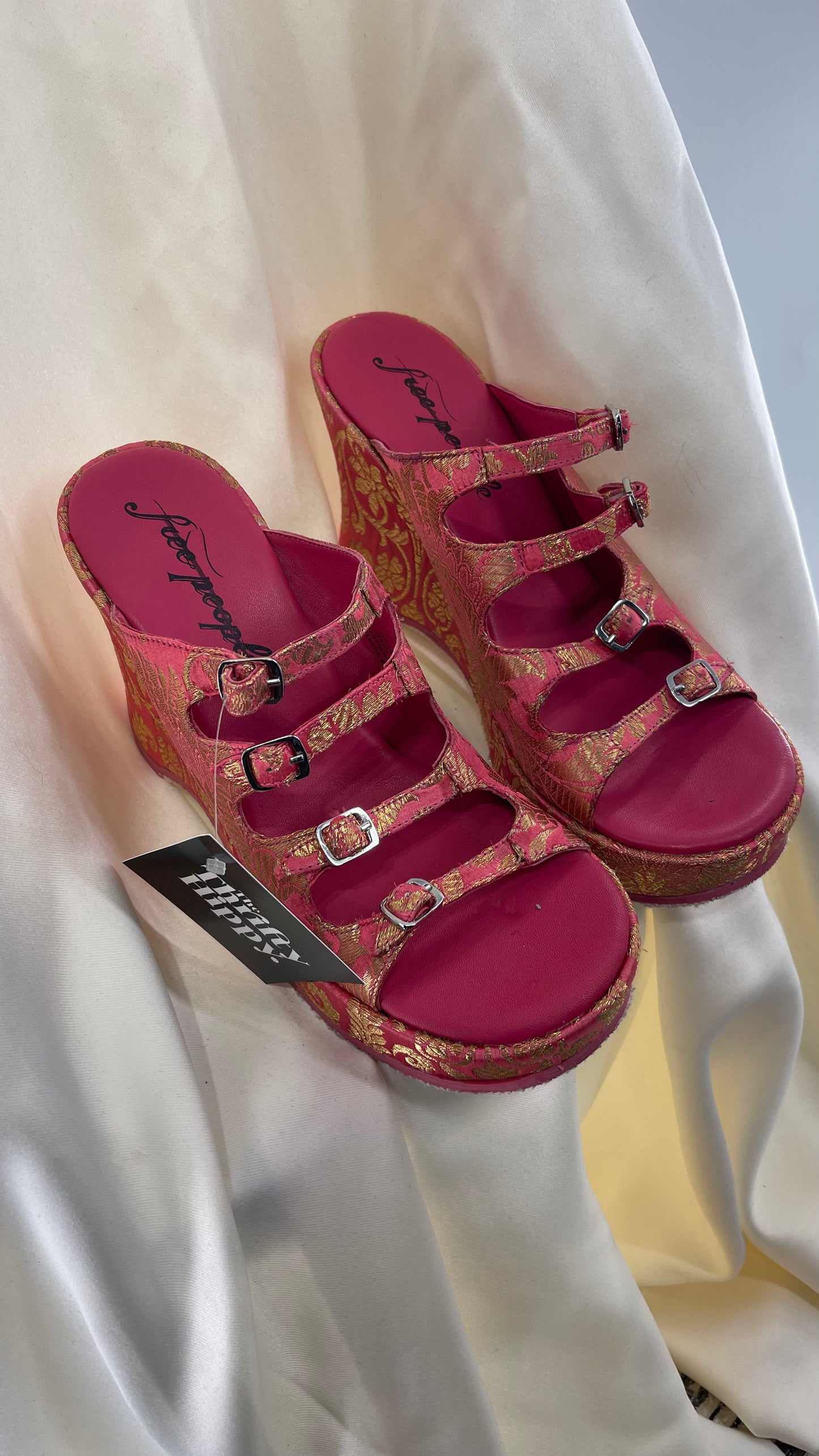 Free People Hot Pink Hoffman Buckle Front Wedge Heels with Satin Gold Paisley/Brocade Pattern (37)