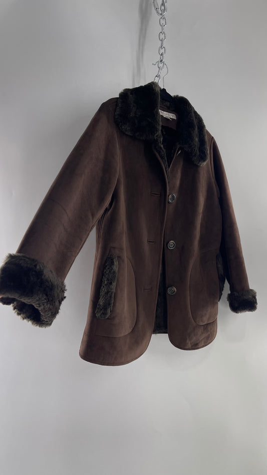 Vintage Brown Faux Suede Jacket with Faux Fur Cuffs and Collar (XS)