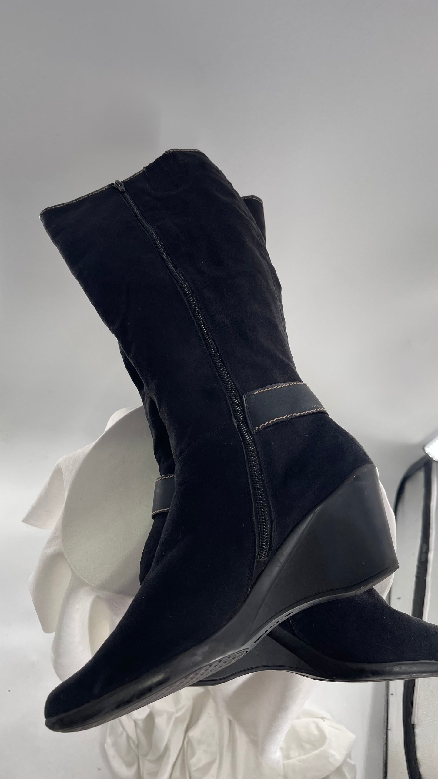 Vintage BASS Black Suede Wedge Heel Knee High Boot with Buckle Details (10)