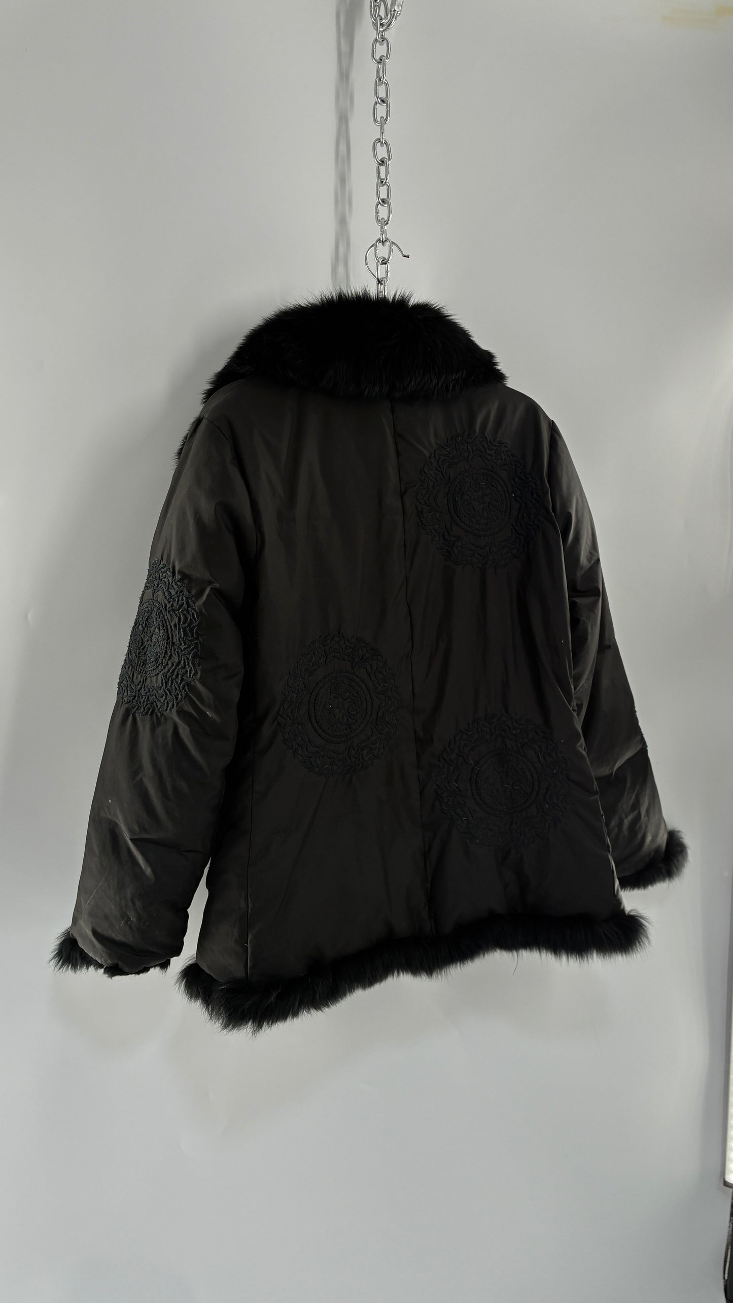 Vintage Gi & JO Black Down and Feather Puffer Jacket with Exaggerated Genuine Rabbit Fur Trim and Mandala Embroidery (Medium)