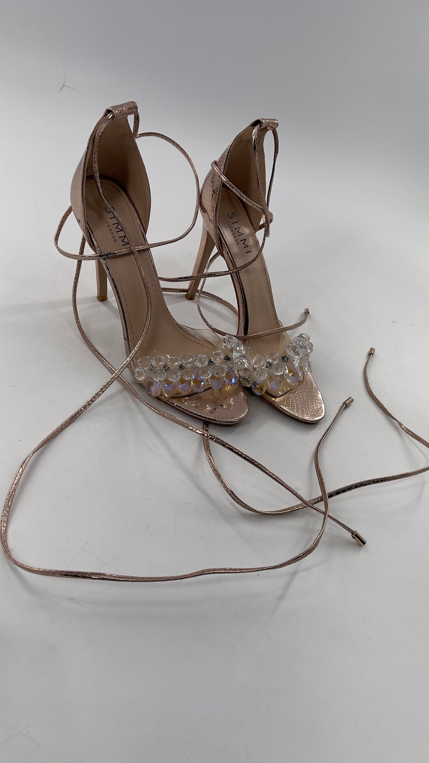 SIMMI LONDON Rose Gold Textured Heels with Clear Toe Strap Covered in Rhinestones/ Crystal Pendants and Tie Up Ankle Straps (7)