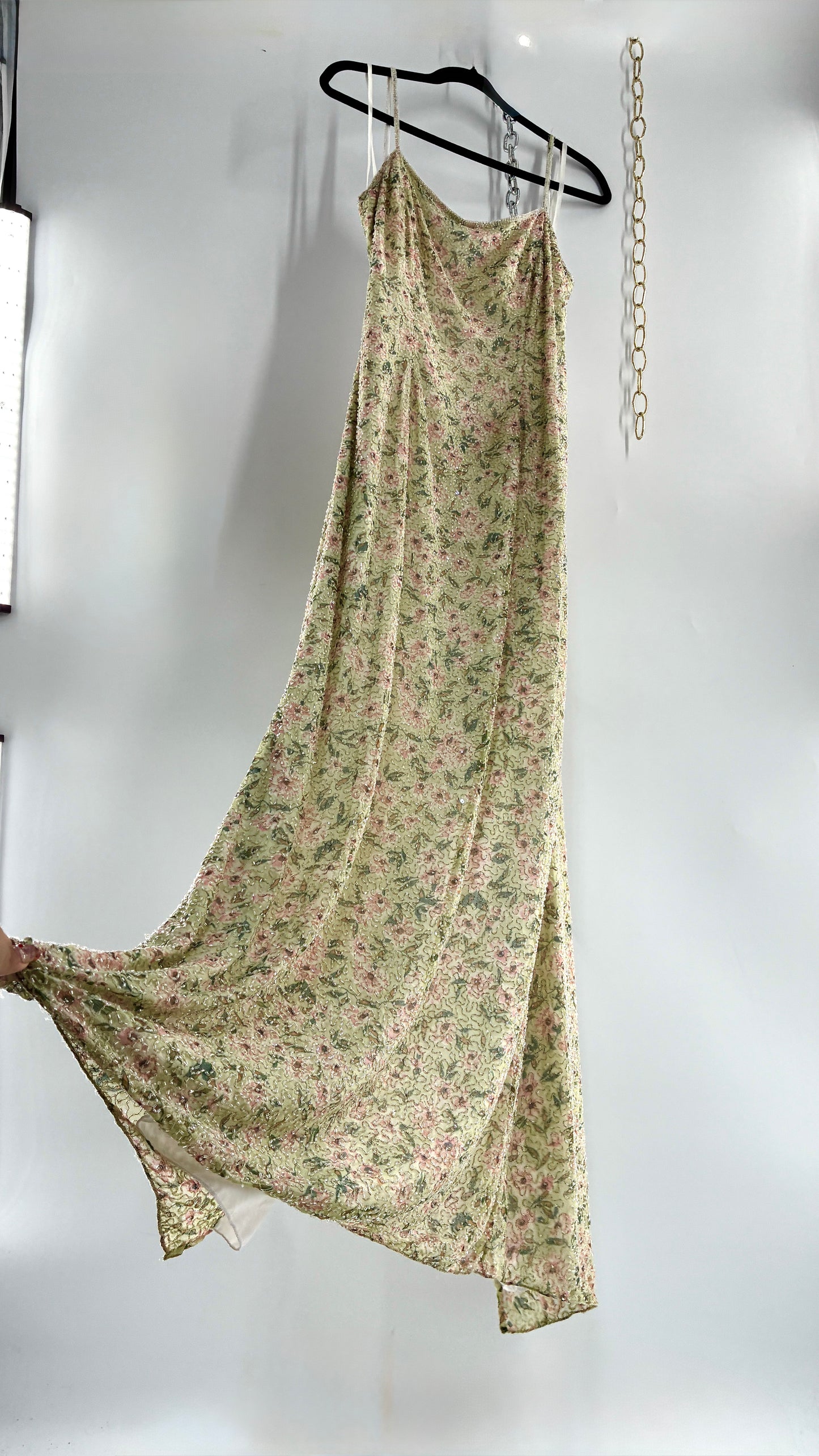 Deadstock Vintage Sage Green Beaded Floral Gown with Open Back, Built in Bust Padding, and Tags Attached (XL)