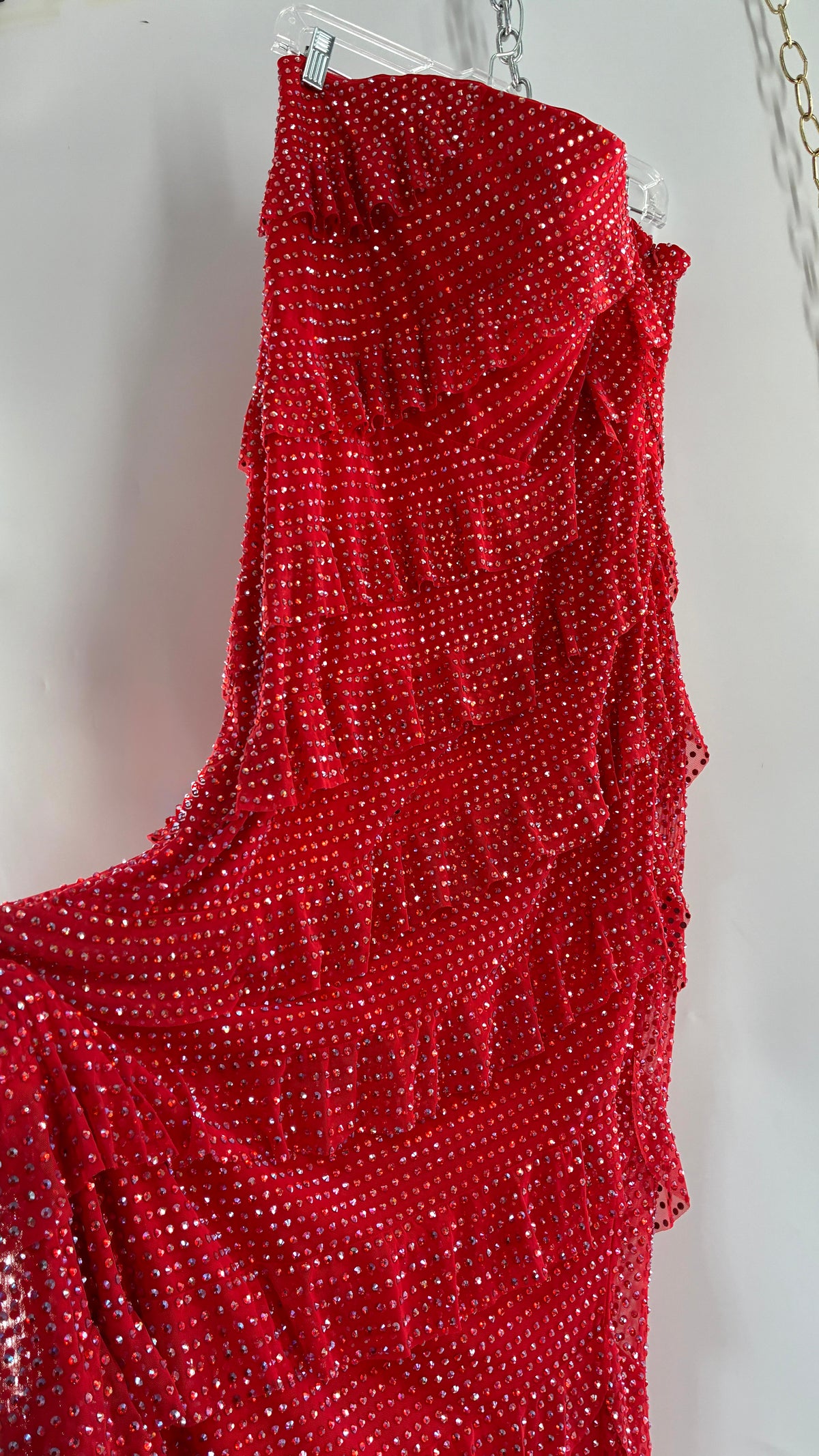 OH POLLY Red Ruffle, Heavy Gown Covered in Iridescent Rhinestones NWOT (14)