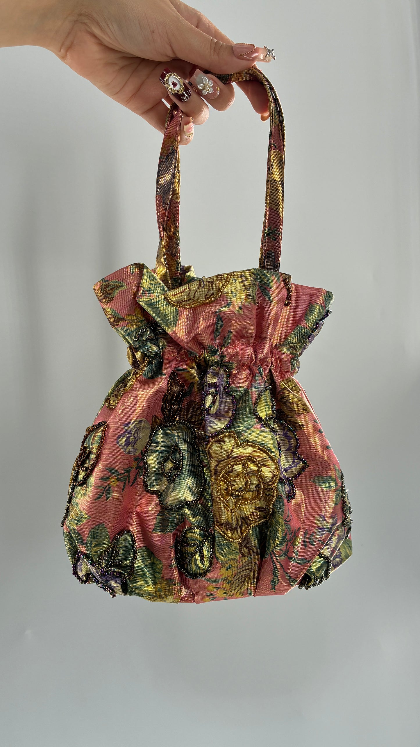 Vintage Metallic Cinch Bag with Beaded Florals
