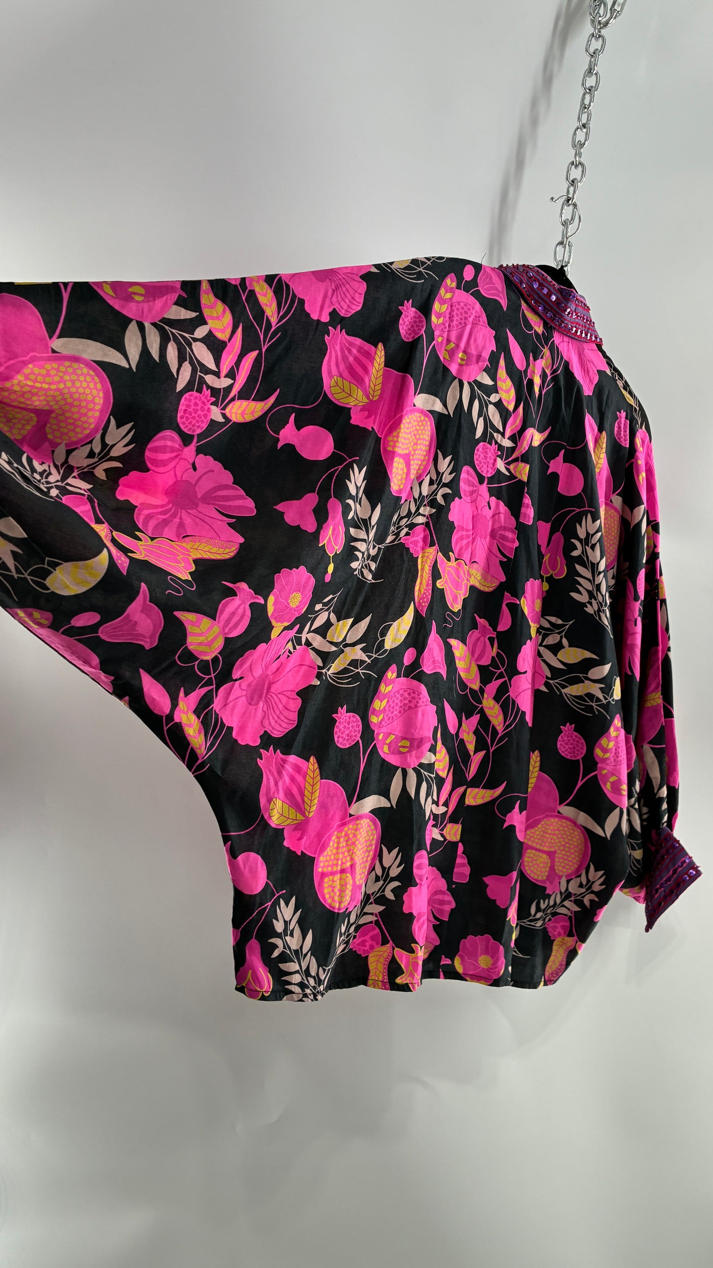 JUST BELLINA Black Oversized Blouse with Exaggerated Sleeves, Embroidered Collar and Tags Attached (XS)
