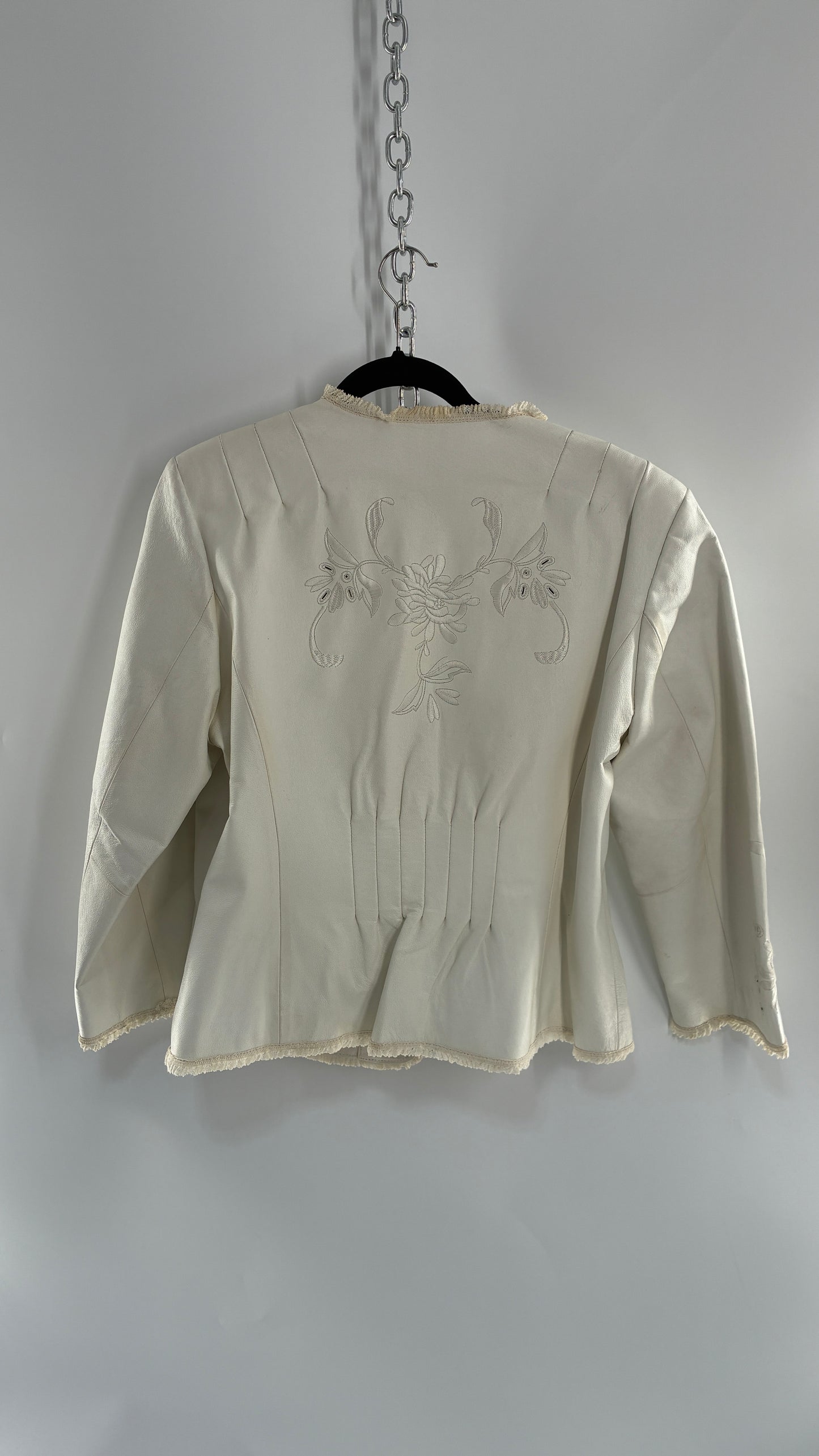 Vintage TERRY LEWIS White Leather Pleated Back, Embroidered Jacket with Lace Trim (Large)