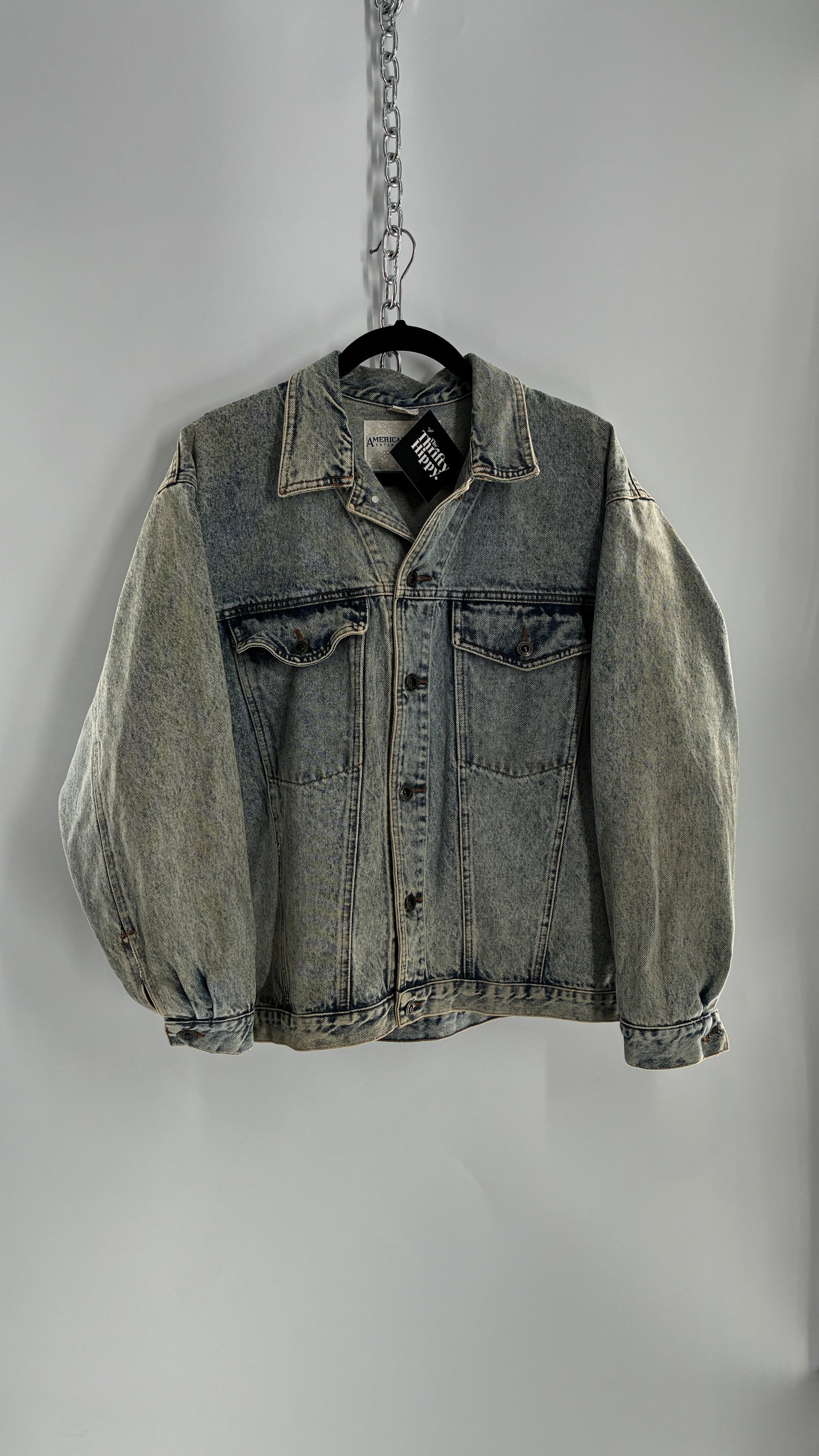 Vintage American Pacific Acid Wash Denim Jacket with Floral Patterned Cuffs (Large)