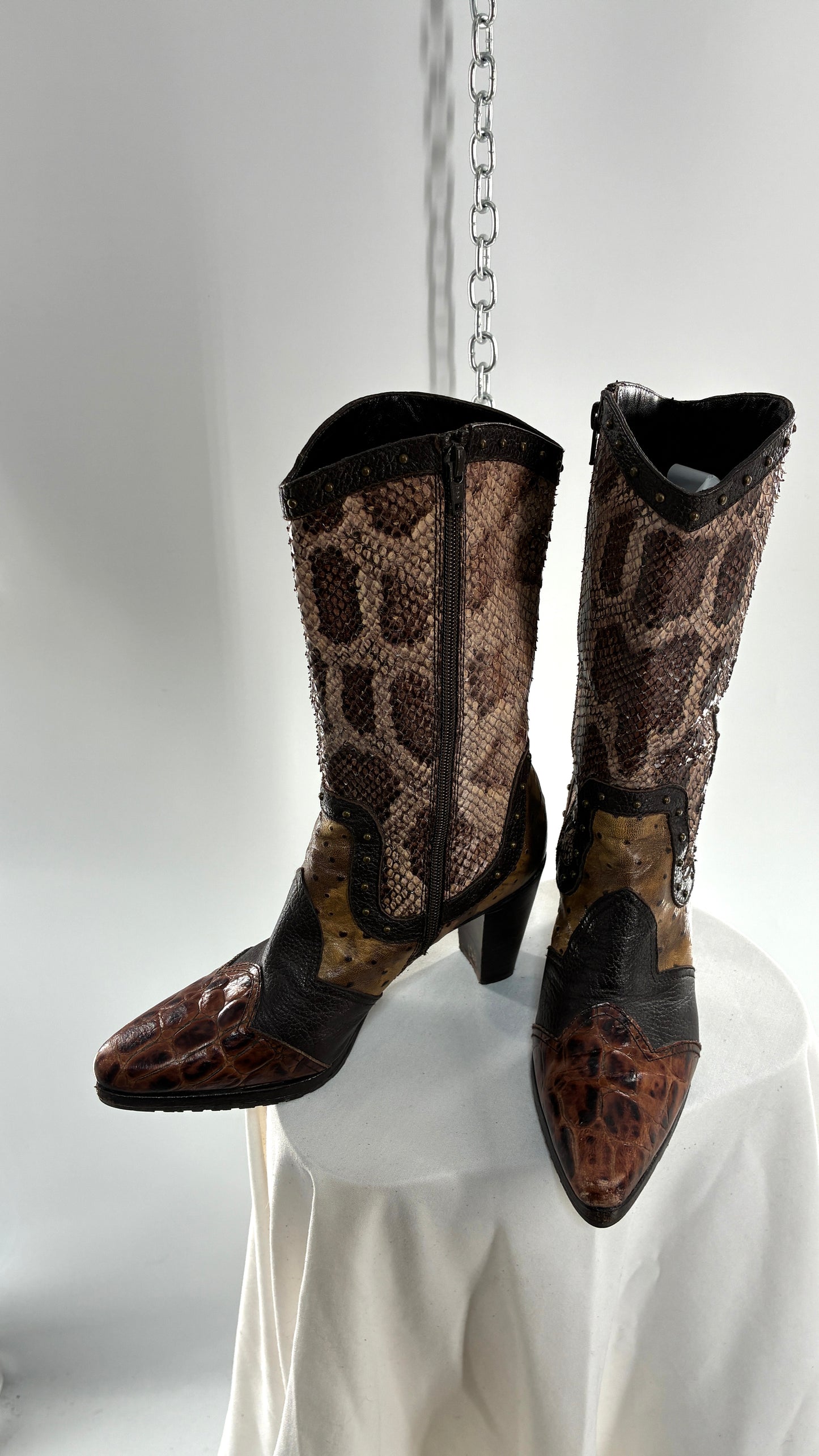 Vintage STUART WEITZMAN Stampede Boots Ft Snake, Crocodile and Ostrich Embossed Leather (8.5)