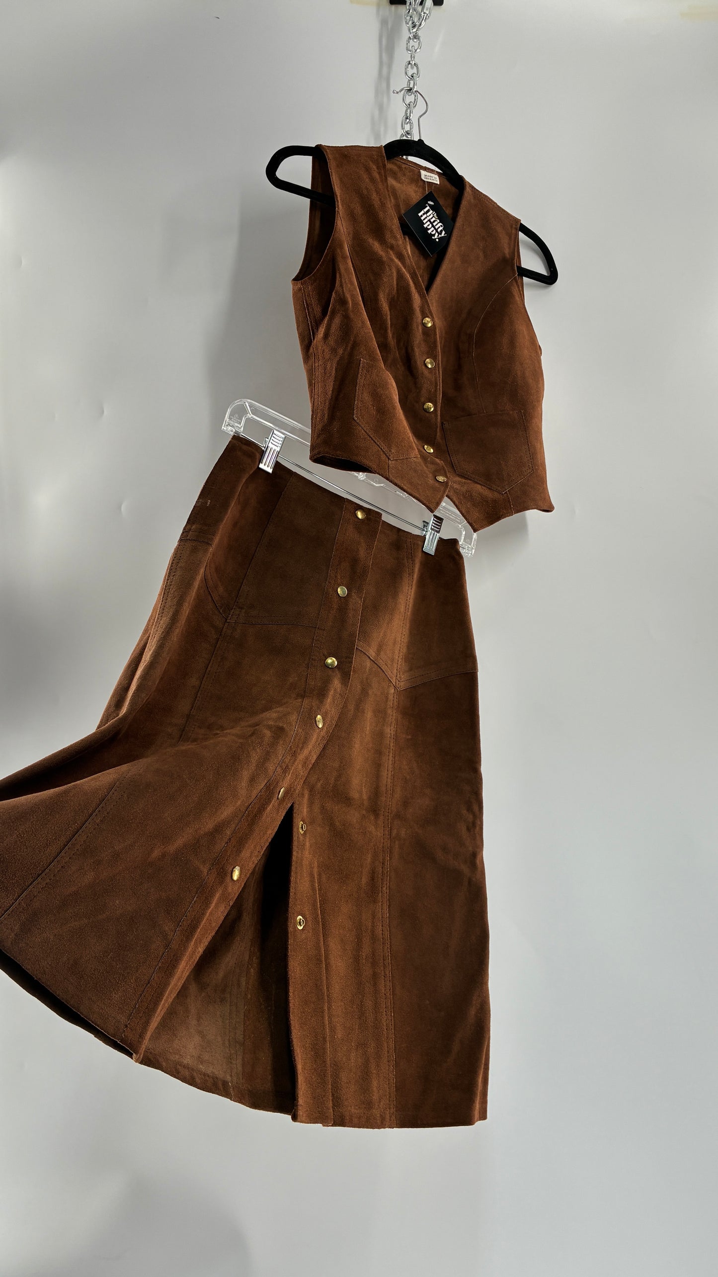 Vintage 1970s Genuine Suede Brown Leather Button Front Skirt and Vest Made in Mexico (XS/S)