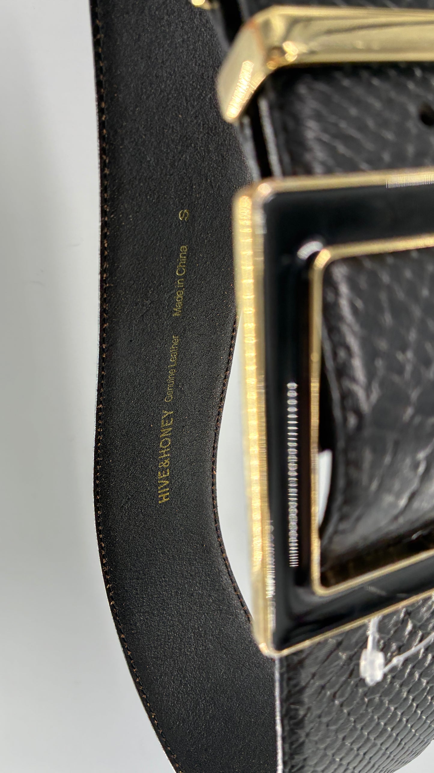 Vintage HIVE & HONEY Extra Wide Black Leather Belt with Oversized Square Buckle (Small)