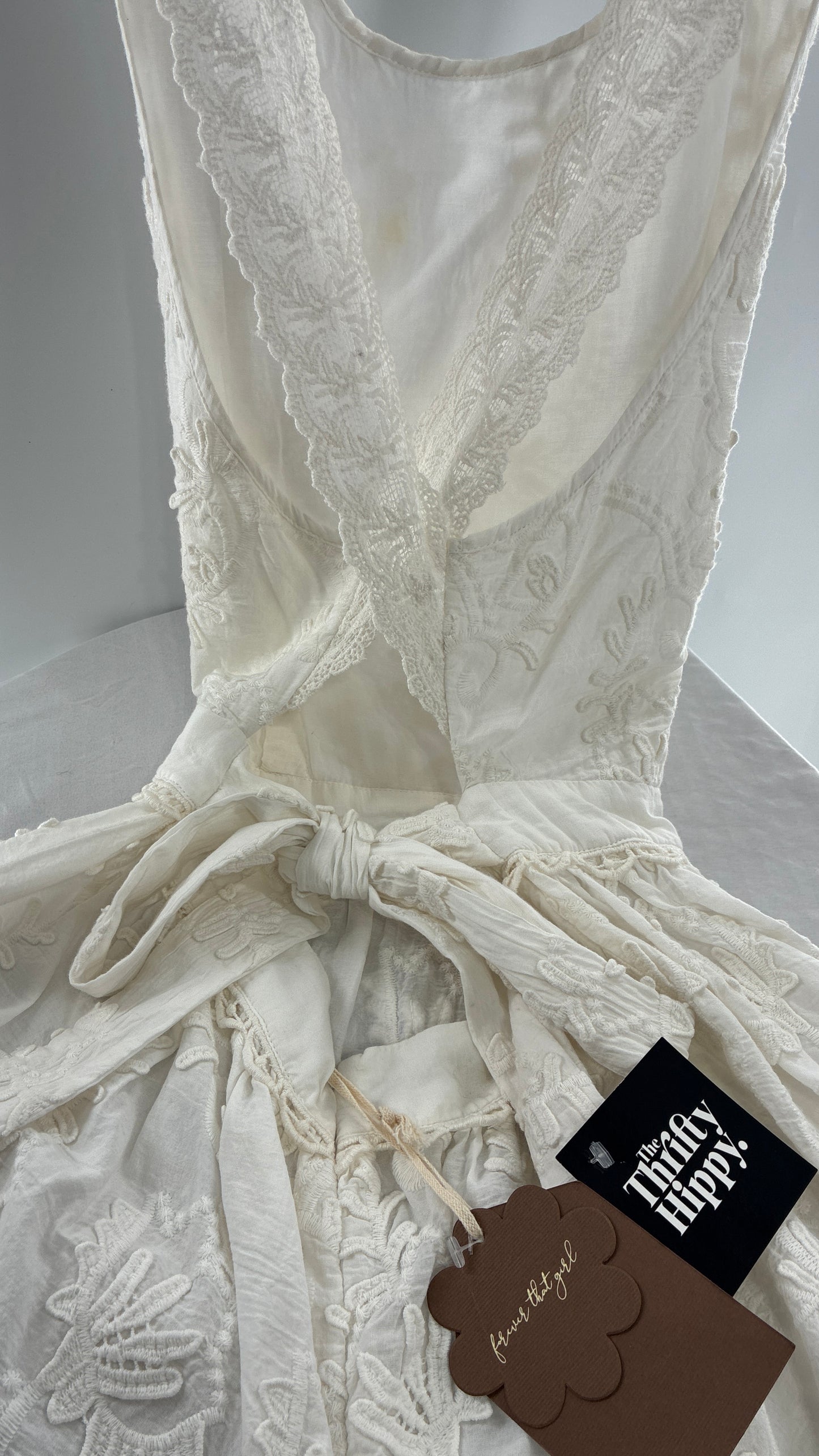 Forever That Girl Anthropologie White Apron Style Blouse with Low Open Back, Tie Detail, and Tags Attached (6)