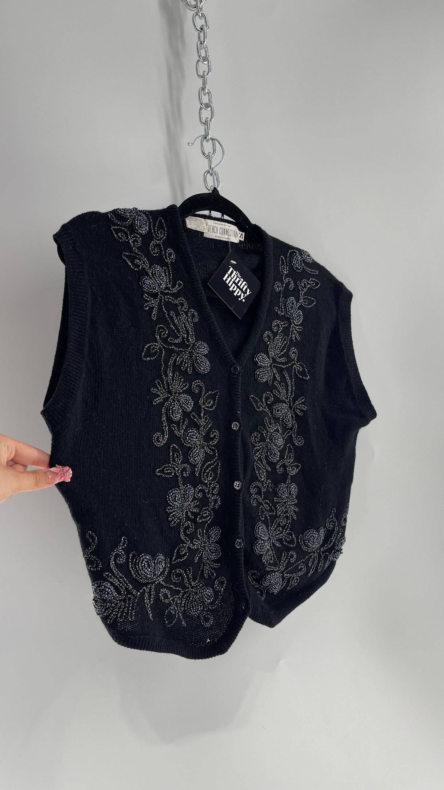 Vintage French Connection Black Beaded Vest, 70% Lamb’s Wool (Small)