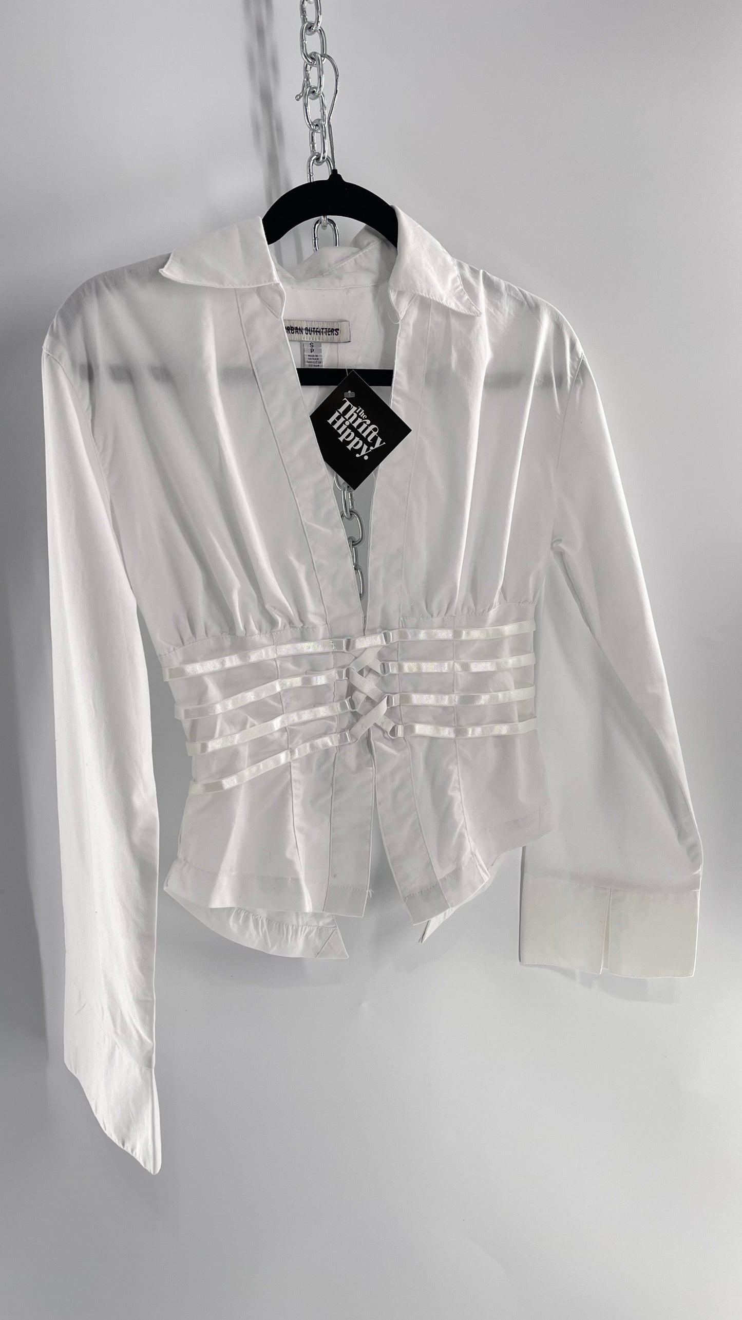 Urban Outfitters Bell Sleeve White Collared Blouse with Strappy Waistline and Open Back (Small)