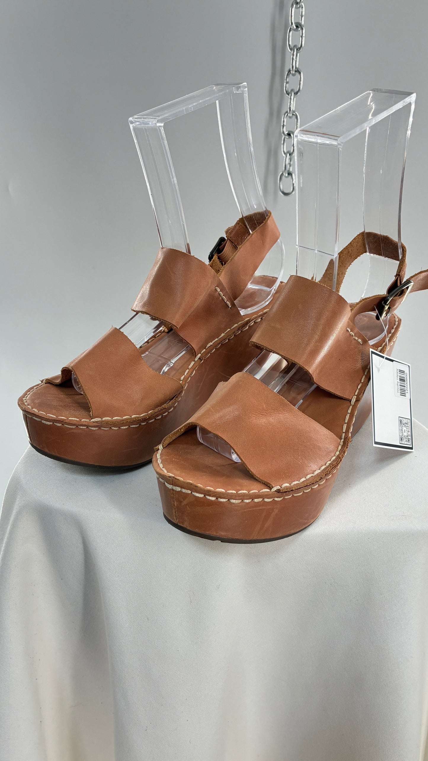 Chocolat Blu Tan Genuine Leather Wedge Platform Sandals (8.5)