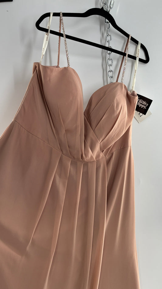Vintage BARI JAY Nude/Blush Pink Full Length Dress with Embellished Straps and Side Slit Detail (16W)
