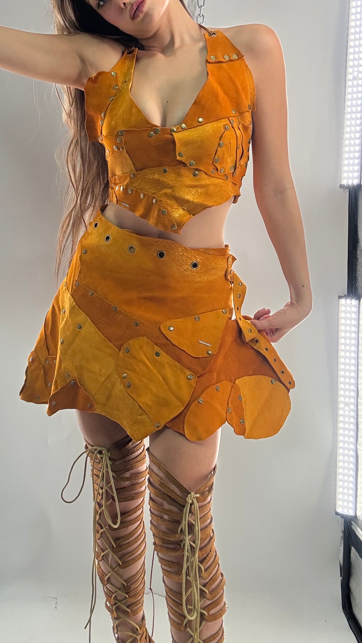 Handmade 1 of 1 and Pressed Genuine Suede and Pebbled Leather Reversible Corset Top and Grommet Skirt Set (XS-M)