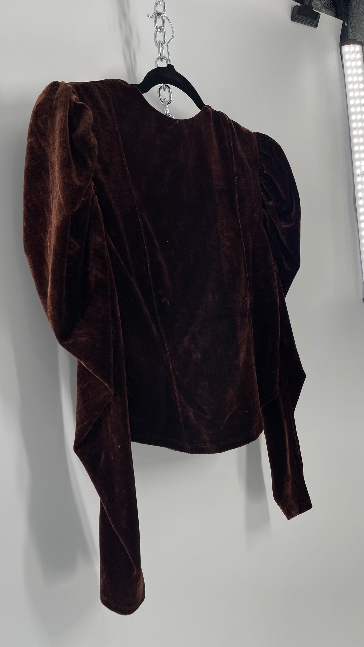 Free People Dark Brown Velvet Long Sleeve Cropped Blouse with Milkmaid Neckline and Renaissance Puff Shoulder (Large)