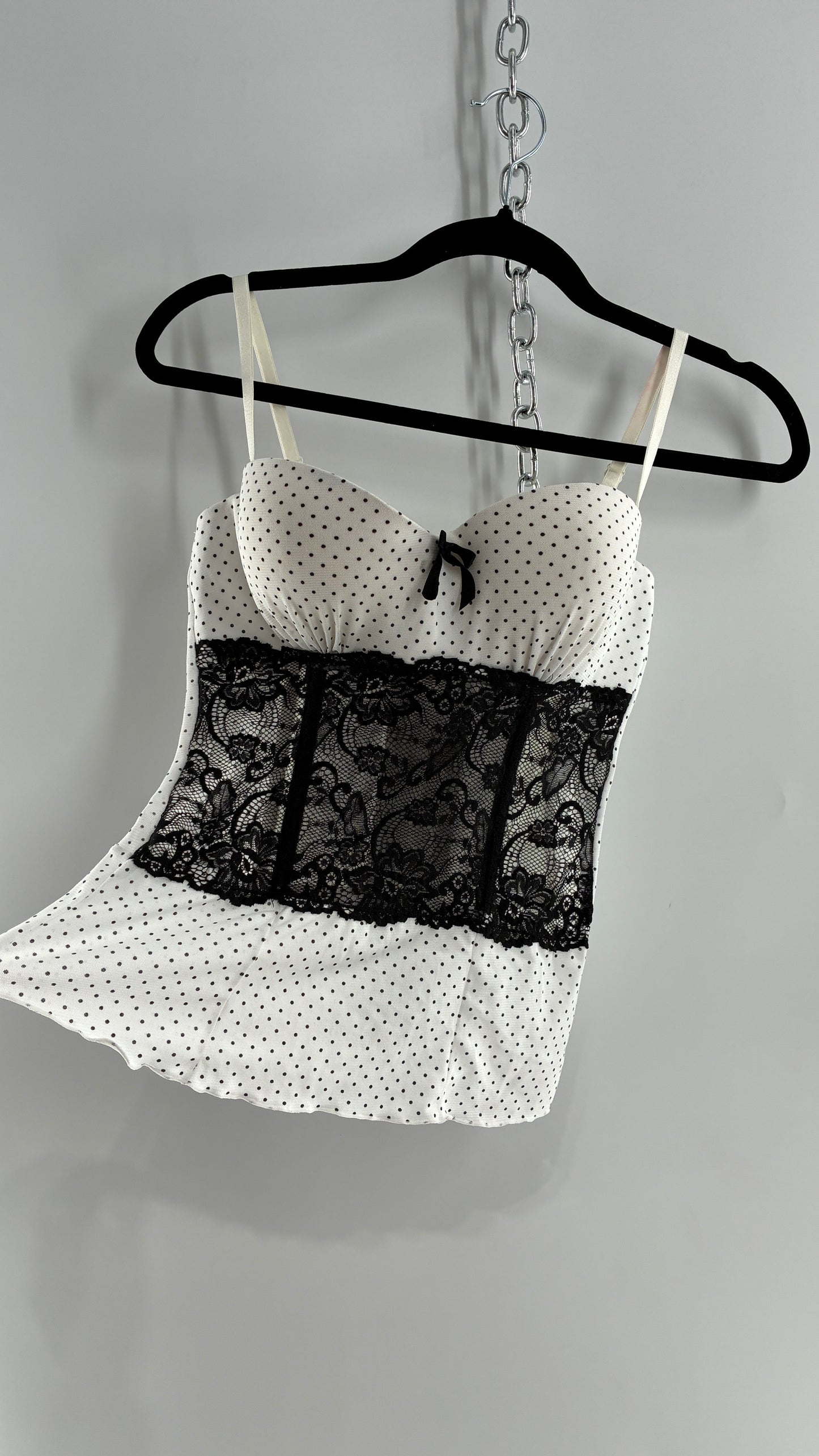 Vintage Black and White Polka Dotted Bustier Babydoll with Lace Bodice Detailing (Medium)