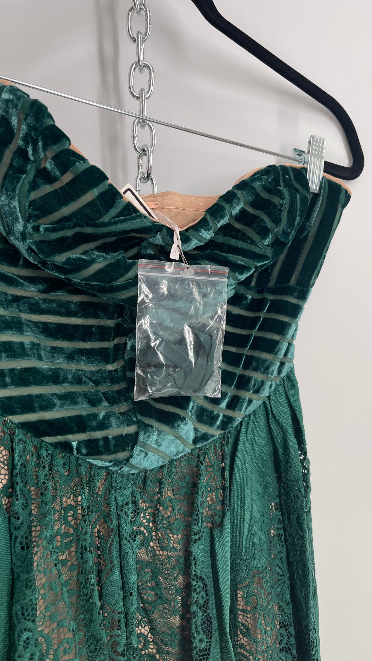 Free People Emerald Green Dress with Velvet Sweetheart Neckline Bustier Bodice with Scalloped Lace, Handkerchief Hem Skirt over Nude Underlay 
 (4)