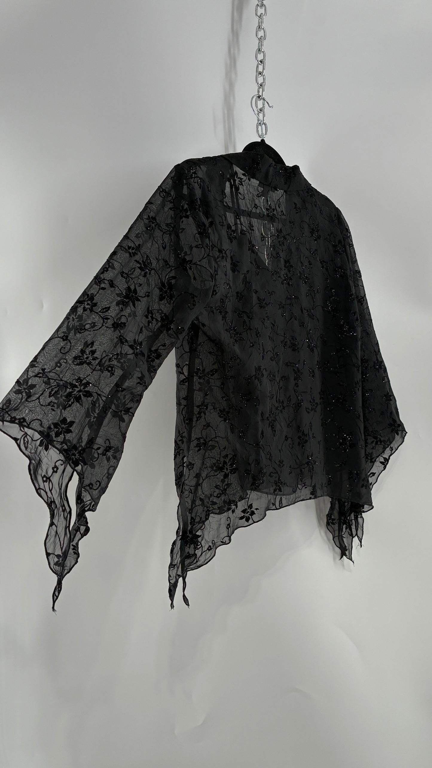 Vintage Black Handkerchief Hem Button Front Velvet Patterned Blouse (Medium)