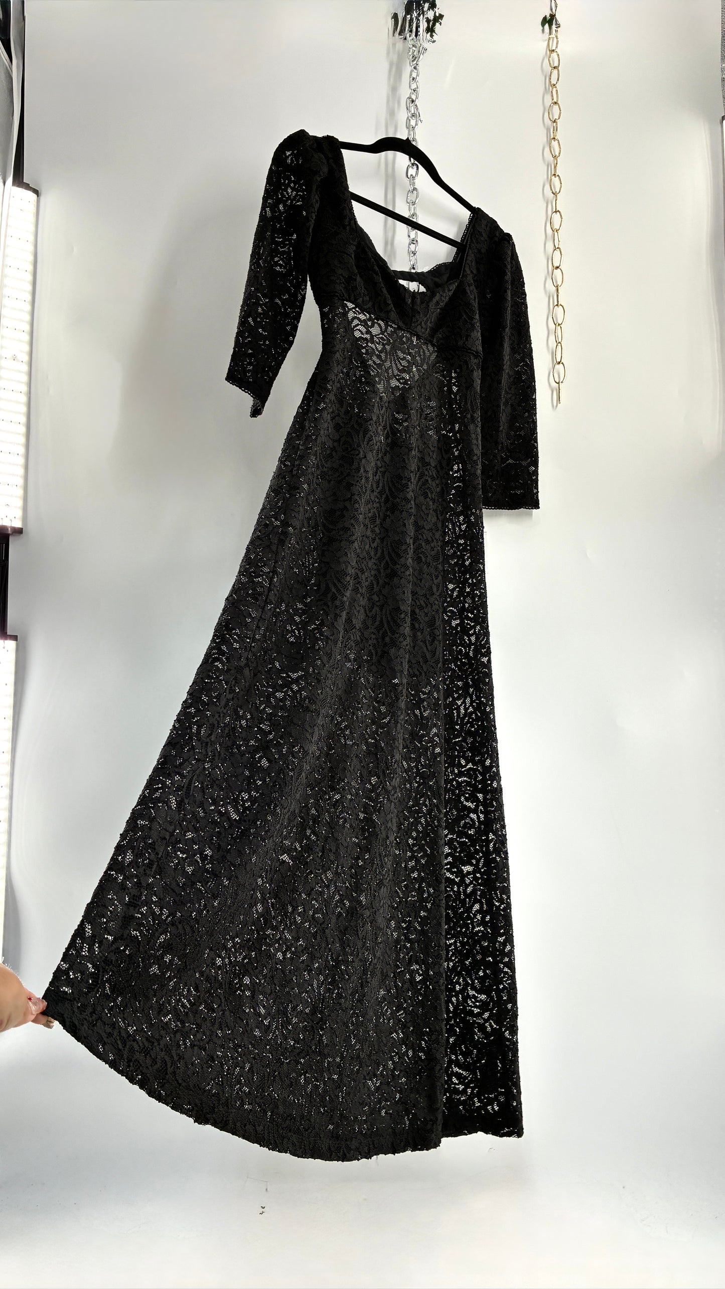 Free People Adored Black Lace Open Back Maxi with Button Bag (Small)