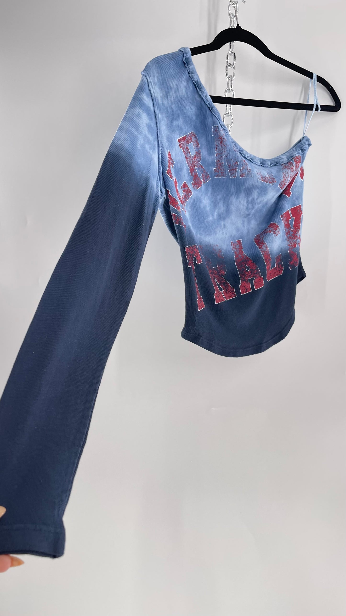 Free People Blue Ombre Tie Dye One Sleeve Top with Track Graphic (Small)
