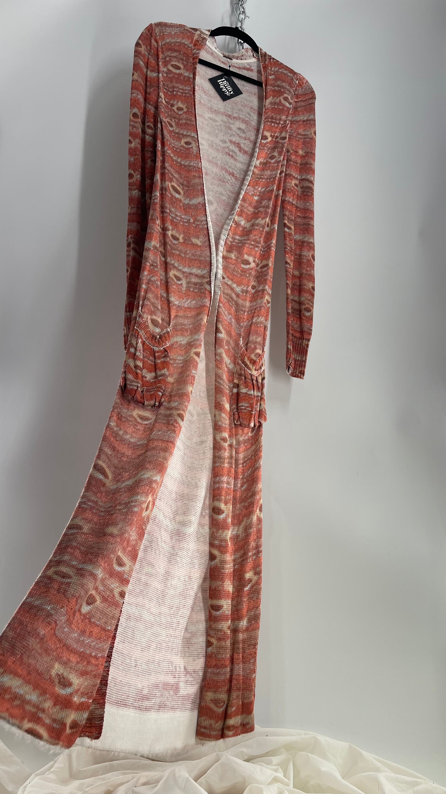 Free People Knit Floor Length Salmon Orange Patterned Cape (L)