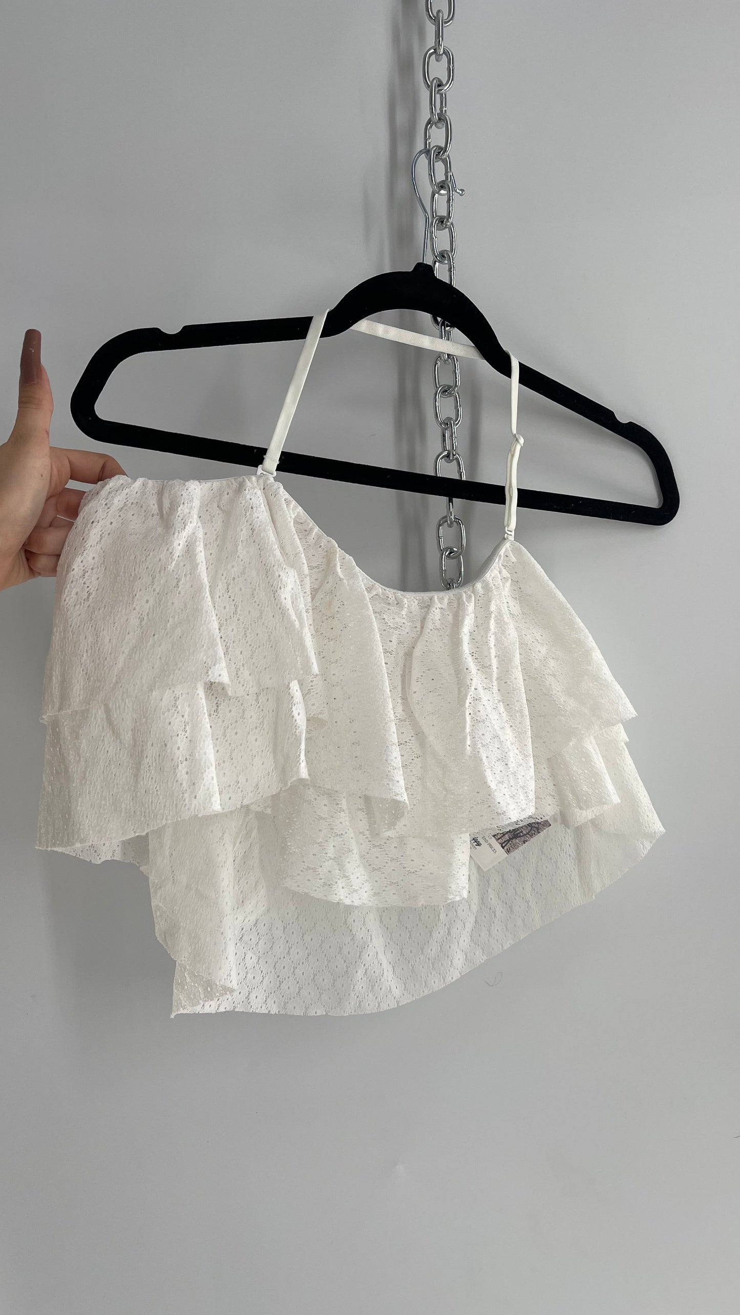 HOPLUN Voluminous White Lace Ruffled Halter Bandeau (XL)