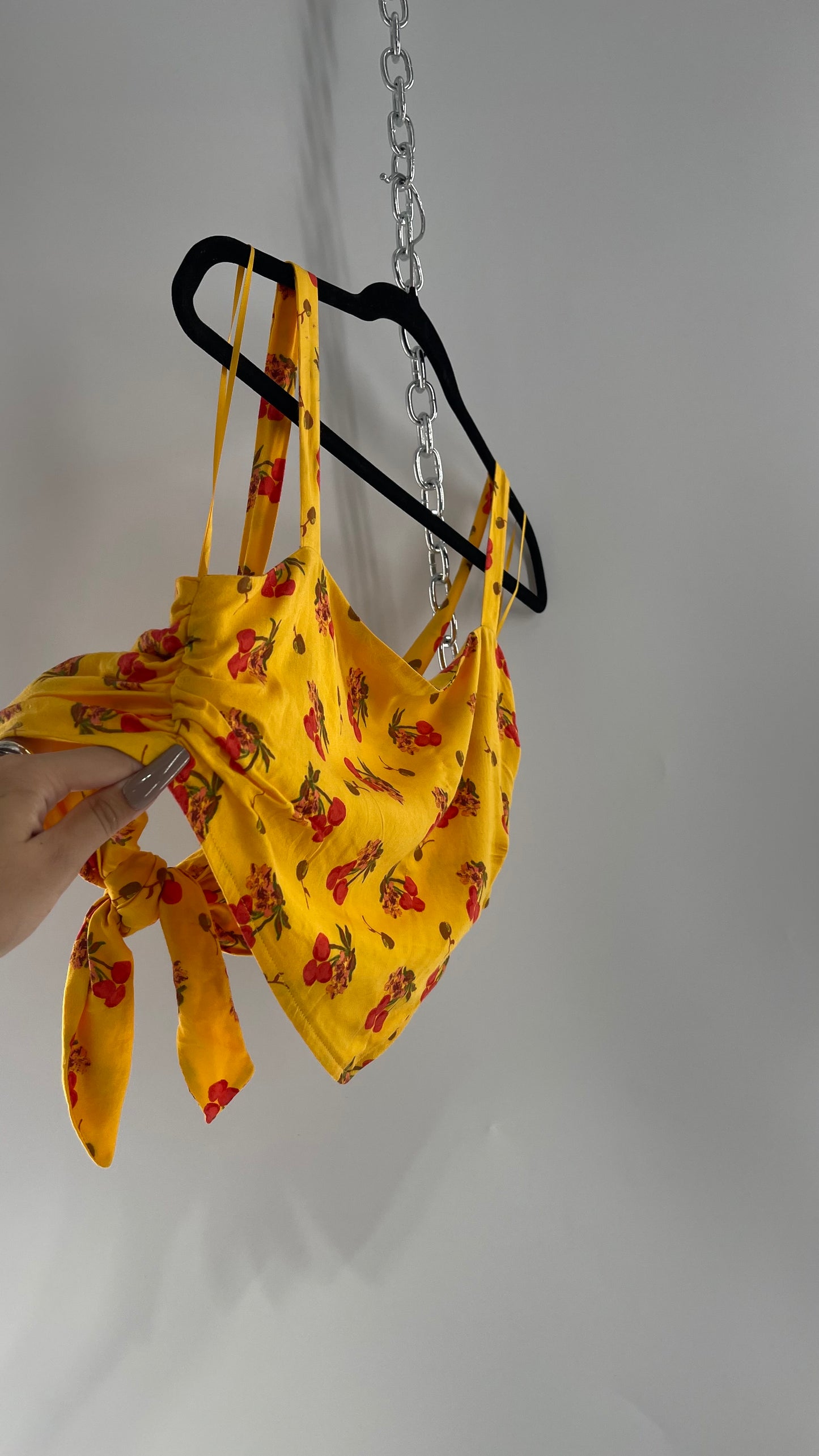 Urban Outfitters Yellow Cherry Printed Crop with Tie Back (Large)