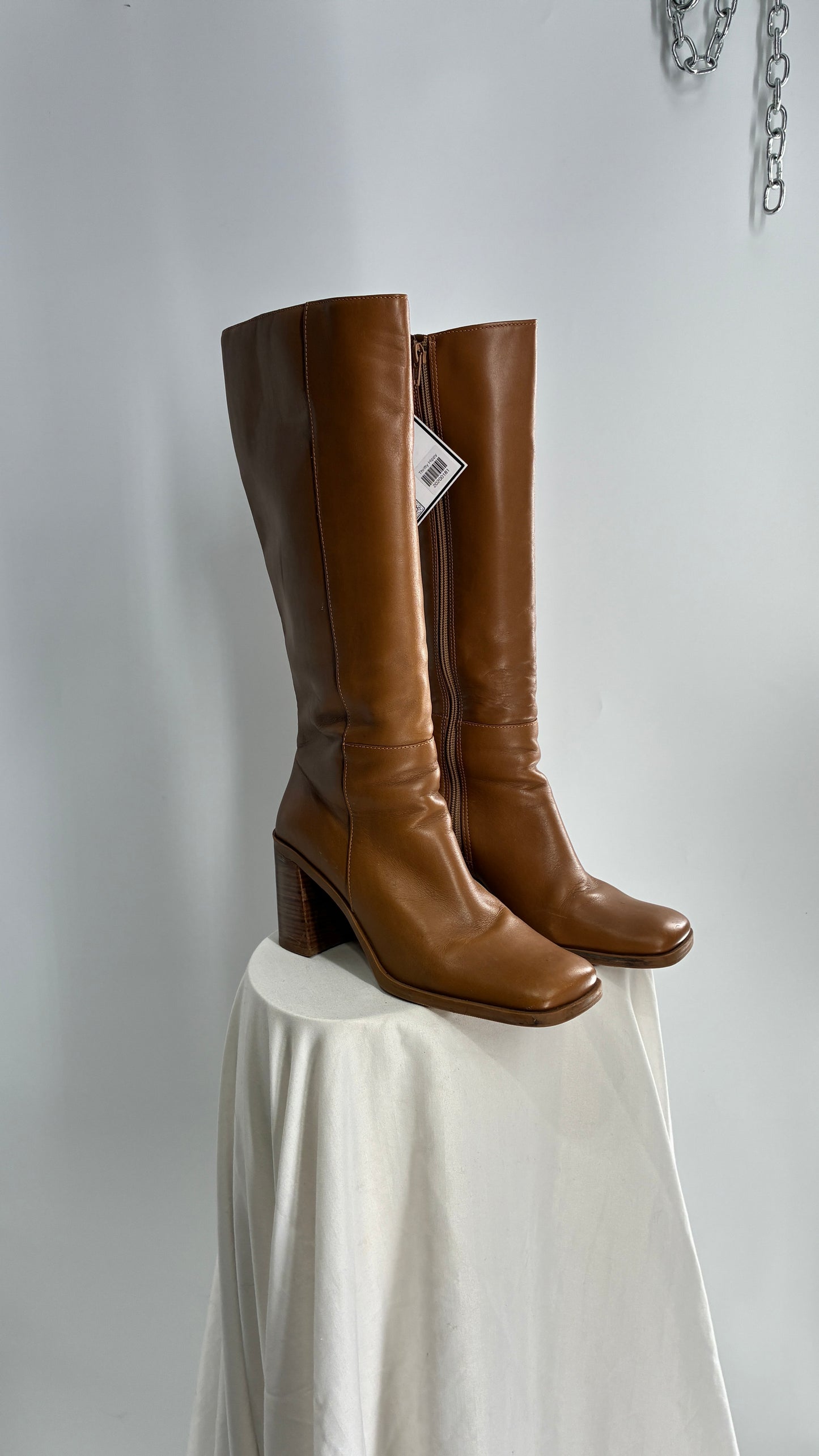 Vintage Strive Genuine Leather Square Toe Knee High Boots with Chunky Block Heel Made in Uruguay (9.5)